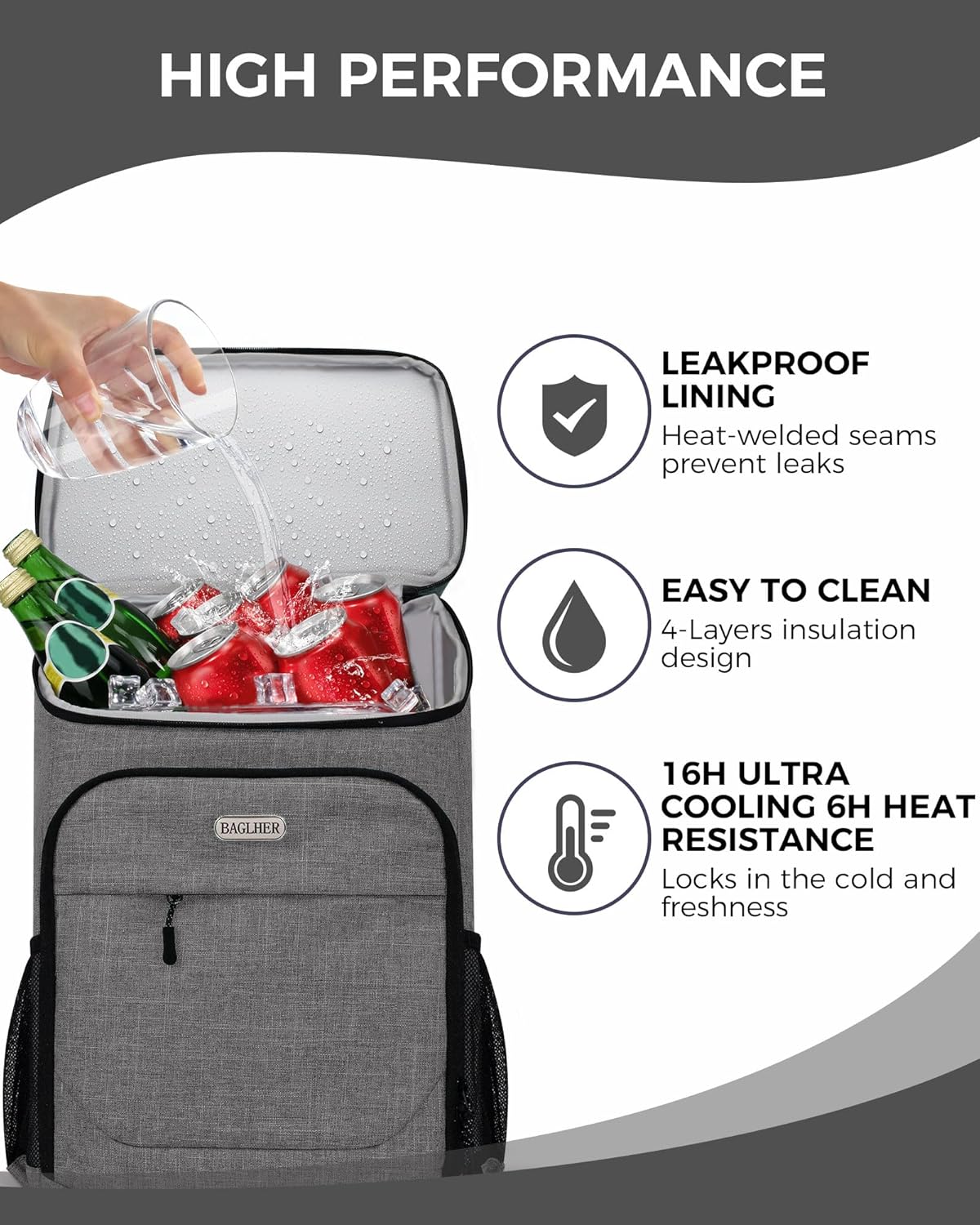 BAGLHER Lightweight Insulated Cooler Backpack - 30 Cans, Leak-Proof for Lunch, Picnic, Hiking, Camping Trips - Image 4