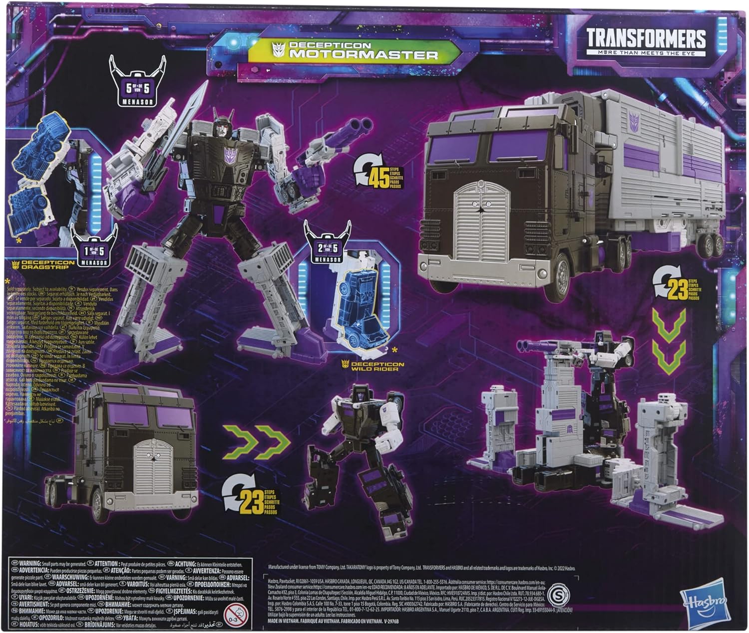 Back of the product box showing transformation steps and the combined Menasor form.