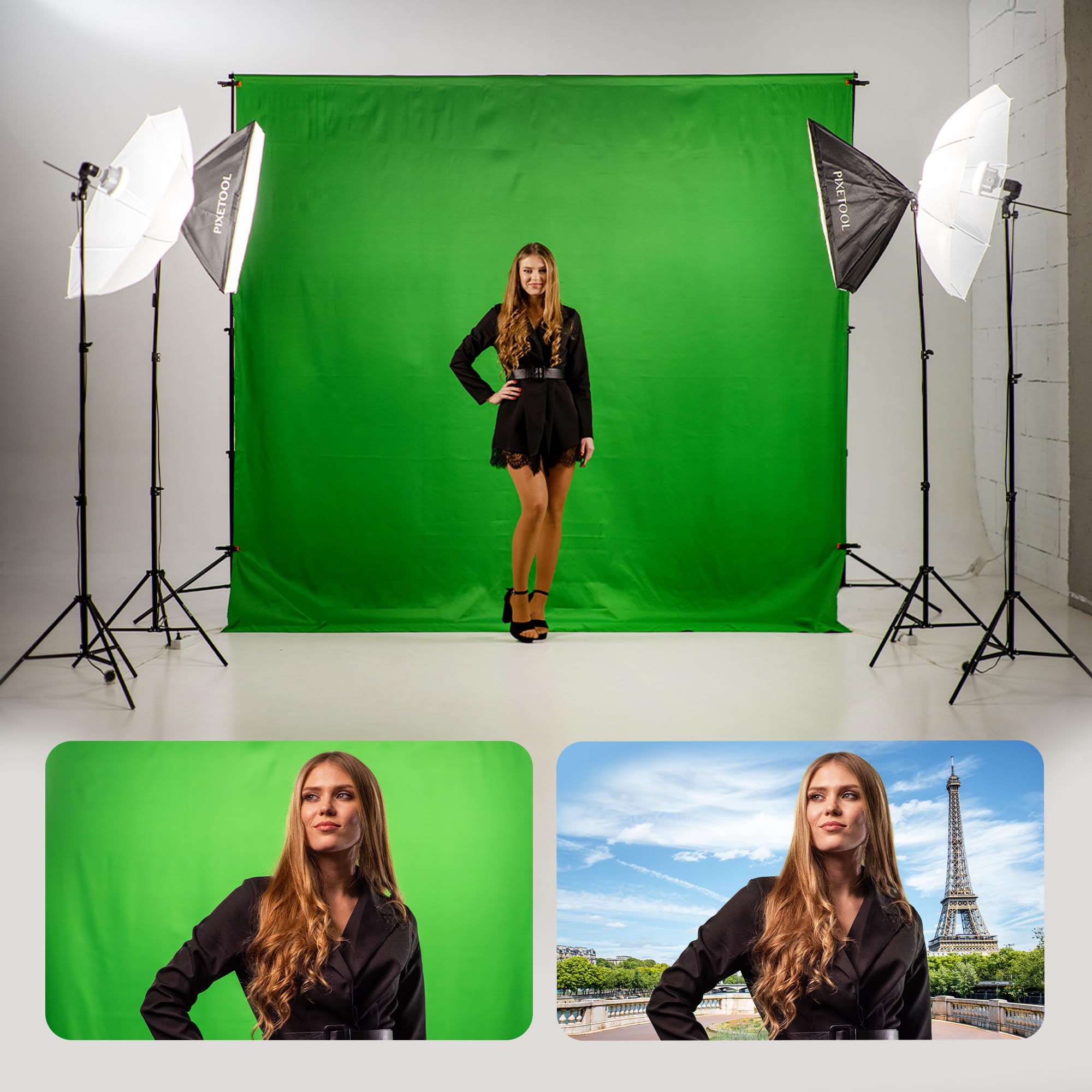 Set de Estudio Fotografía - Green Screen (3 x 3 m) con Soporte (3 x 2,6 m) - Softbox con Luces - Fondo Fotografia - Caja de Luz Fotografía - Accesorios Fotografia Gaming Streaming