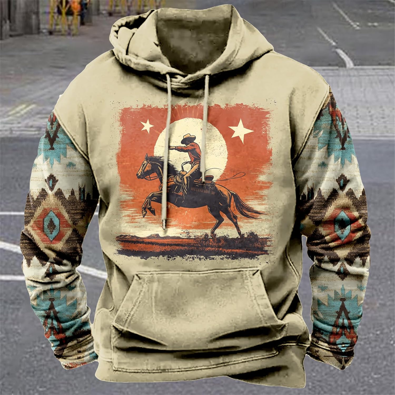 MARSVOVO Hoodies For Men Aztec Cowboy Western Vintage Ethnic Print Hooded Sweatshirt Fashion Graphic Fall Pullover - Image 2