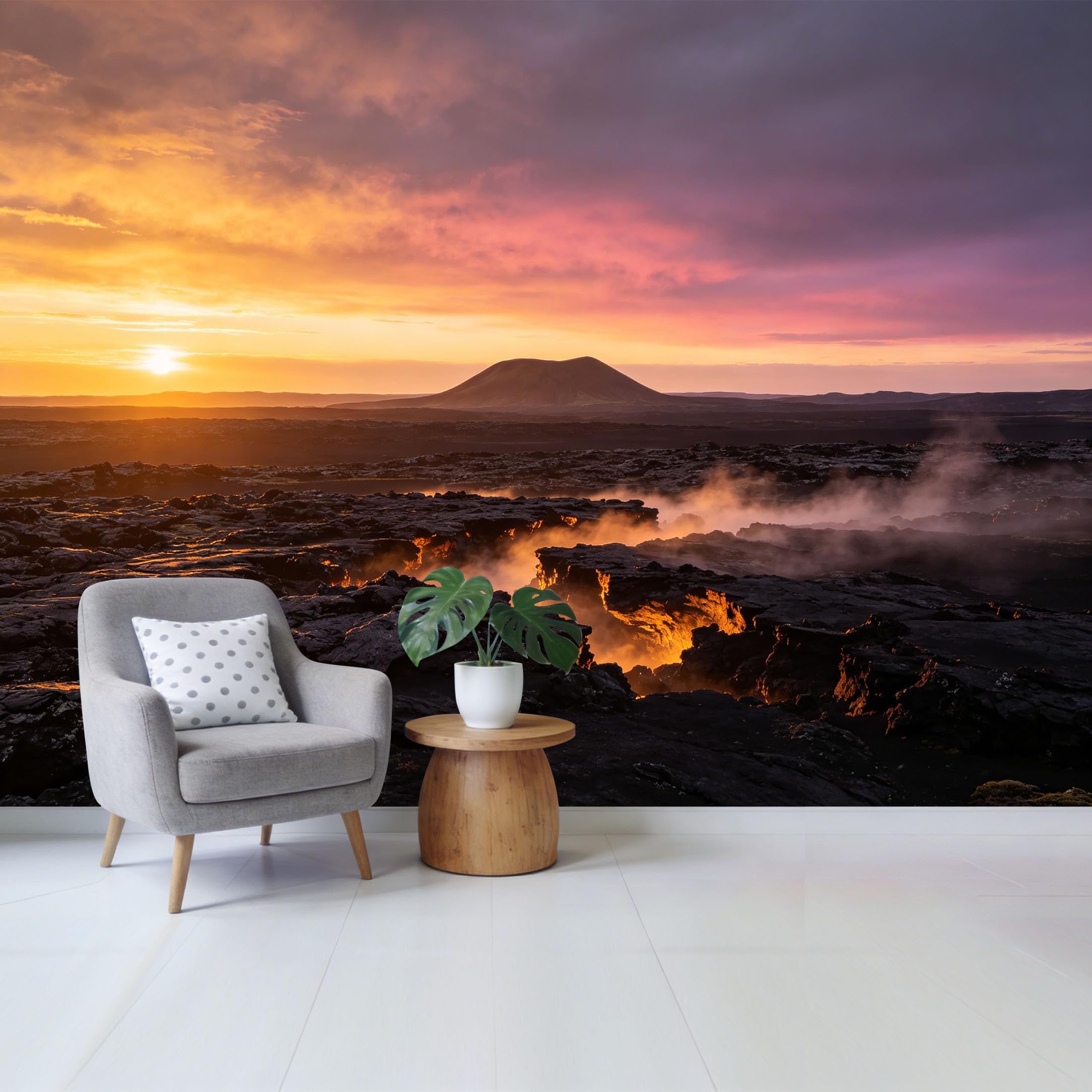 Custom Size Wall Mural Volcanic Landscape Sunset Scenic Mountain Removable Self Adhesive Fabric，Home Wall Decor for Living Room Bedroom Bathroom Contemporary Art 3D Style