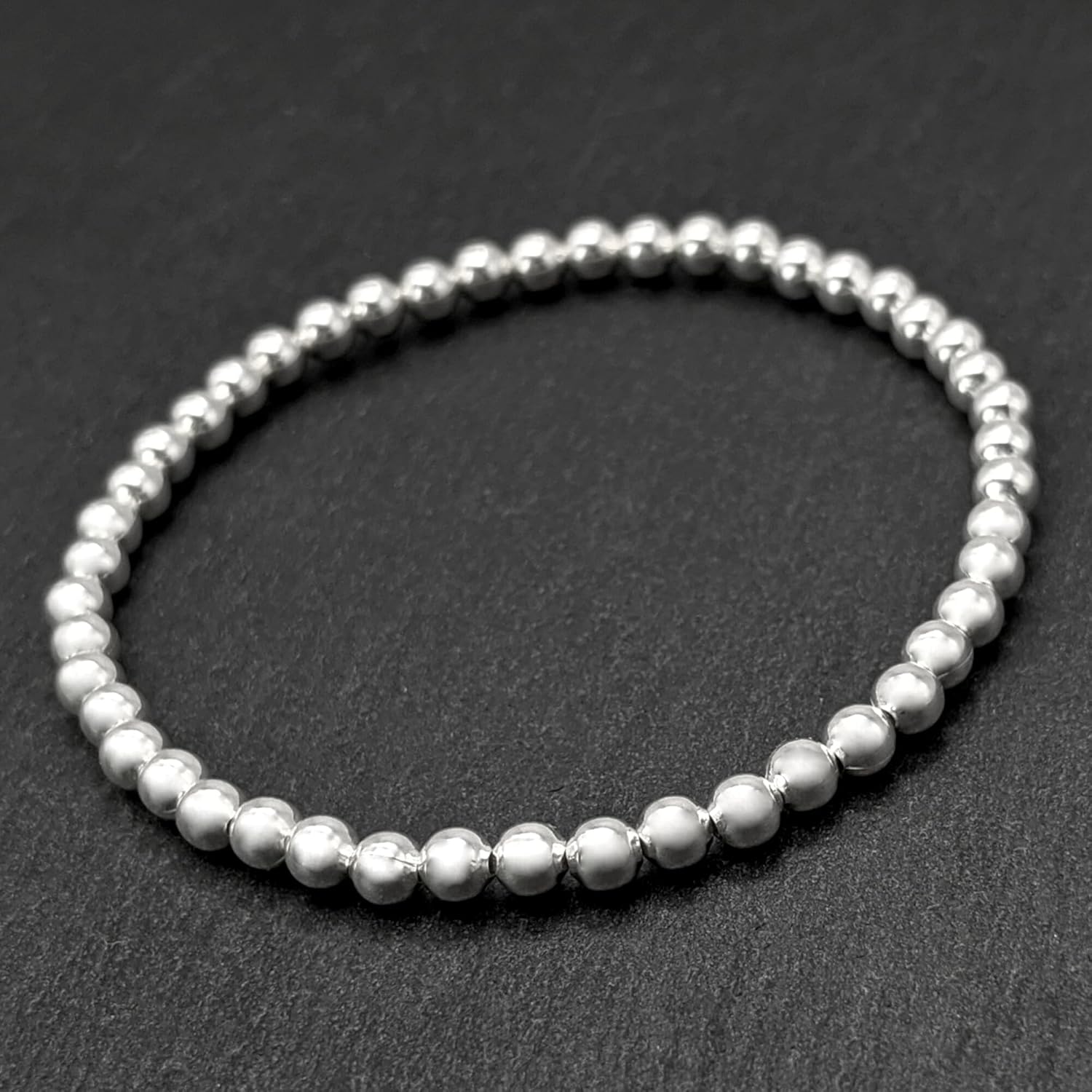 Silverly 4mm Sterling Silver Bead Bracelet - 925 Solid Silver Bracelets for Women - Beaded Elastic String Stacker Bracelets for Ladies - Round Ball Adjustable Stretch Design - Friend Gifts