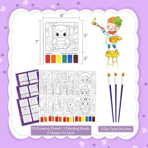 Miniatura 2 de VKPI Libros de actividades para colorear al agua, libros de pintura de acuarela para niños, 18 hojas de dibujo sin desorden, con 3 pinceles de