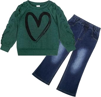 Toddler Girl Outfits 2-Pc Set | Heart Sweatshirt & Denim Jeans | Girls Clothes 12M-5T | Play & Photo Ready