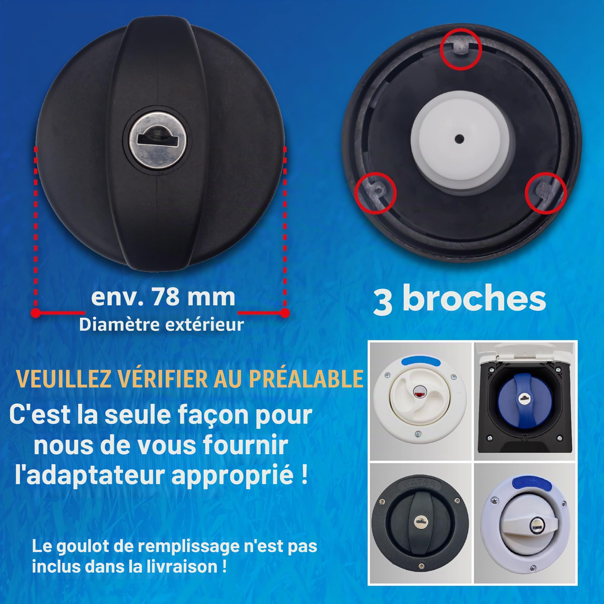 Adaptateur de bouchon de réservoir d’eau avec connexion pour système Gardena | Camping-car, caravane, bateau | Fonction de débordement et double embrayage intégré (adaptateur 3 broches D:78mm)