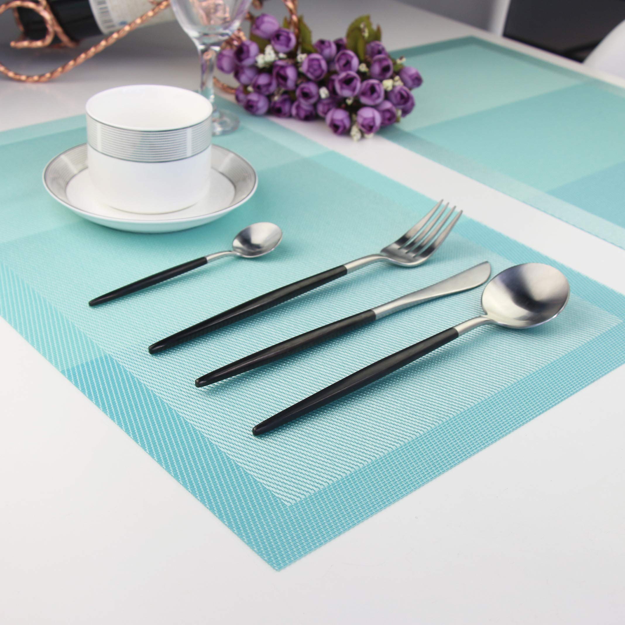 PIGCHCY Manteles individuales de plástico antideslizantes, fáciles de limpiar, manteles individuales de vinilo tejido para mesa de comedor, 45,7 x 30,5 cm, lavables, juego de 6 unidades (turquesa)