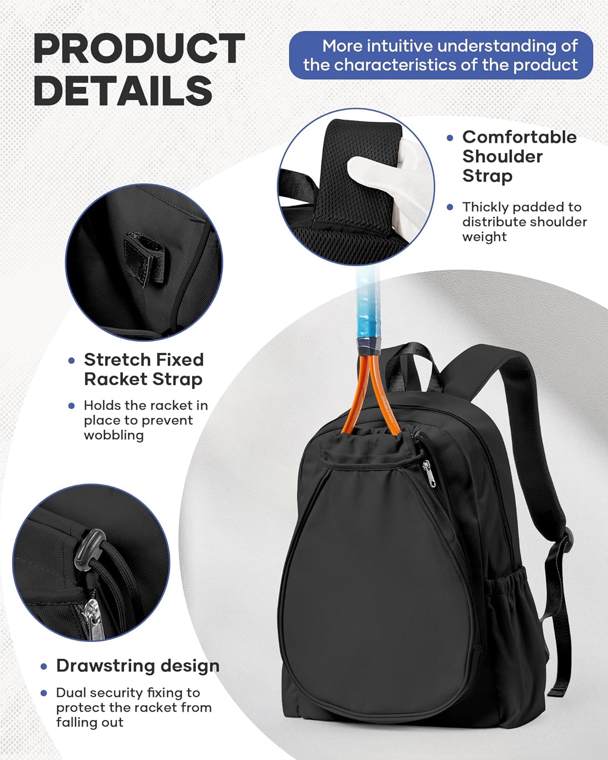 Tennis & Pickleball Bag for Women Men, Fits 1 Racket or 2 Paddles, Lightweight Waterproof Tennis Backpack with Shoe Compartment & Wet Pocket For Training, Gym & Travel - Image 7