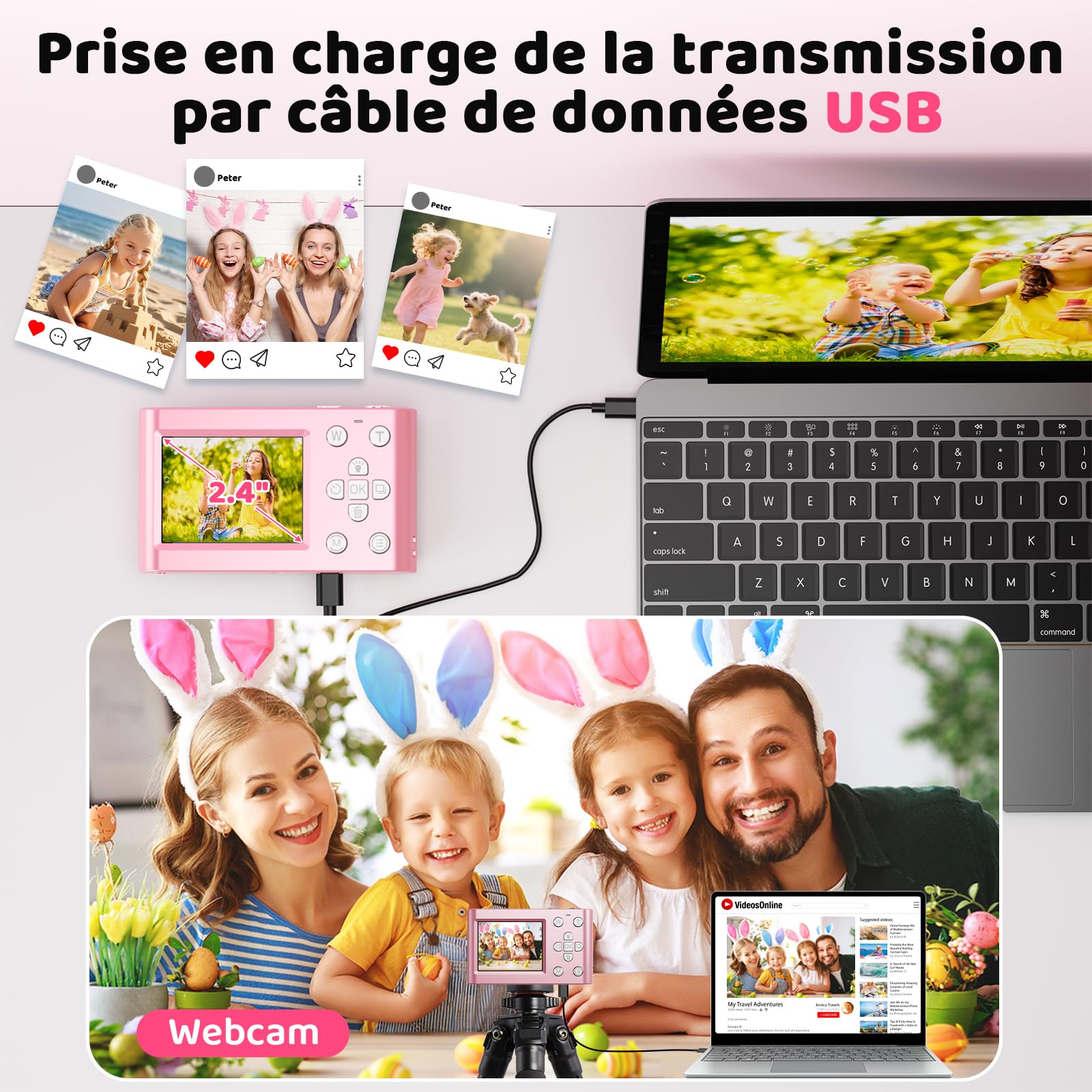 CHAKEYAKE Appareil Photo Numérique, 4K 64MP Appareil Photo Compact Portable avec Autofocus, Zoom Numérique 18X, écran LCD 2,4", Carte 32 Go, pour Enfants Adolescents Vlogging Débutants, Rose