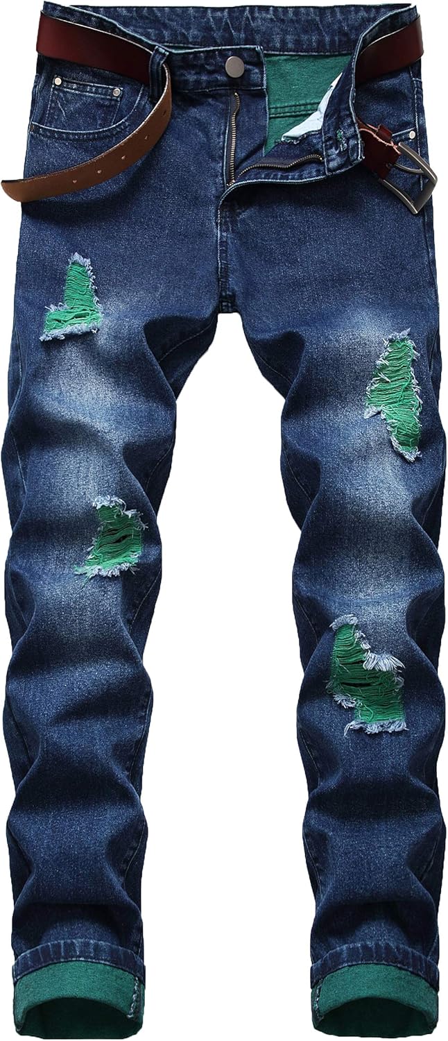 DANT BULUN Men's Ripped Distressed Destroyed Slim Fit Straight Leg Denim Jeans
