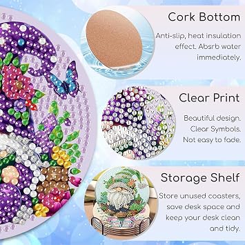 8 PCS Gnome Diamond Art Coasters Diamond Painting Coasters Kits with Holder