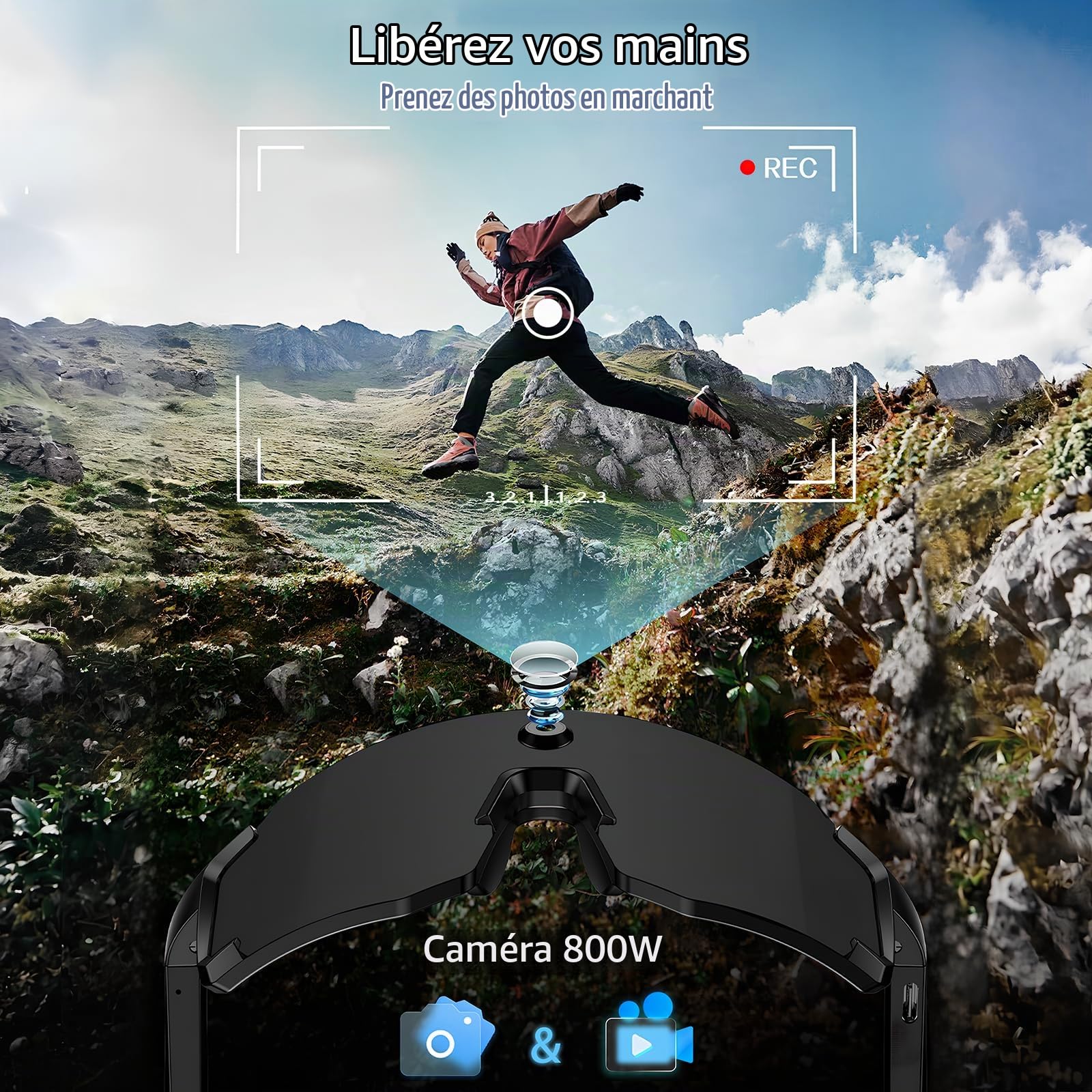 Lunettes Caméra 8MP Sport-Lunette Connectées avec Verres Anti-éblouissants