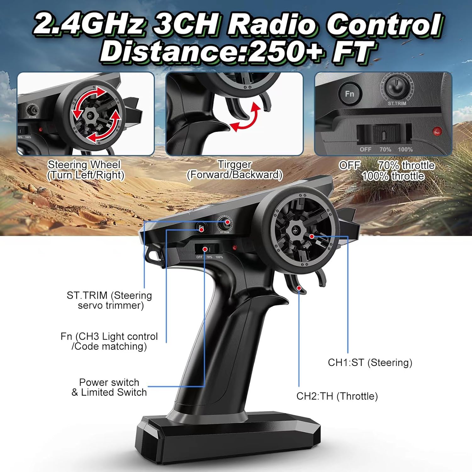 Jetwood 1/16 Fast Remote Control Car for Adults, Electric 4WD RTR RC Cars, High Speed RC Truck Gifts for Boys, Max 38 kph Offroad RC, JC16W with 2 Batteries - Image 6