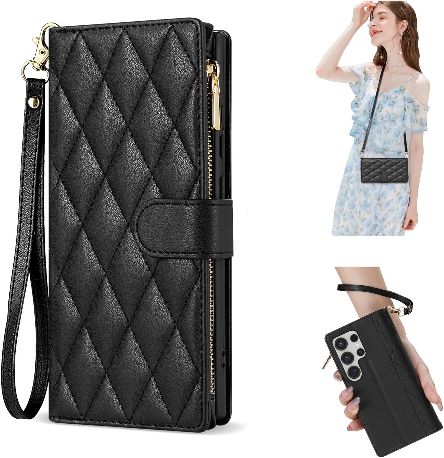 Wallet Case for Samsung Galaxy Z Fold 7, Shoulder Bag Leather Cover with Zipper Detachable Wrist Strap and Shoulder Strap
