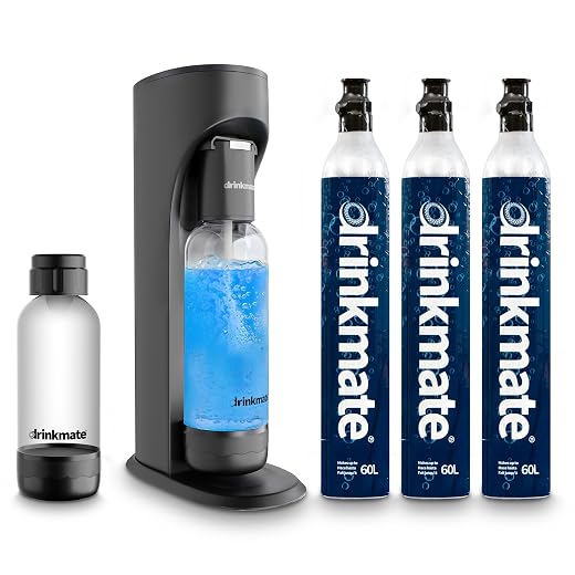 Drinkmate OmniFizz Sparkling Water Maker & Soda Streaming Machine | Carbonates Any Drink | ULTIMATE BUNDLE | Includes Three 60L CO2 Cartridges + Two BPA-Free Bottles (Matte Black)