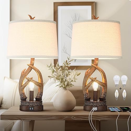 Rustic Table Lamps Farmhouse Antler Lamps Set of 2 Western Bedside Lamps for Bedroom with USB Charging Ports Nightlight,Vintage Nightstand Table