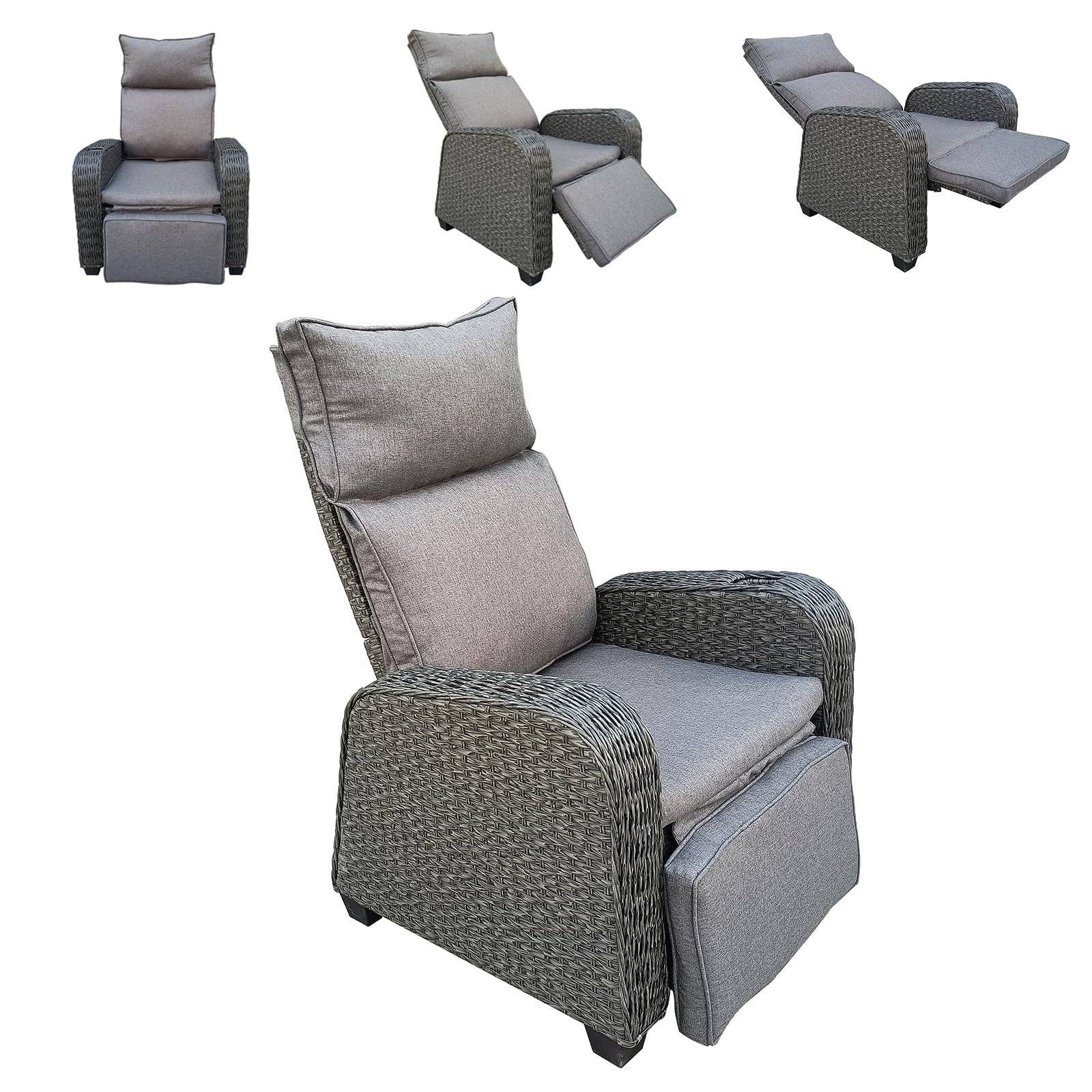 Chusstang Patio Rattan Recliner, Outdoor Rattan Lounger Sofa with Soft Cushion, 170 Degree Adjustable Backrest and Footrest Weatherproof Armchair for Outdoor Support 150kg - Gray