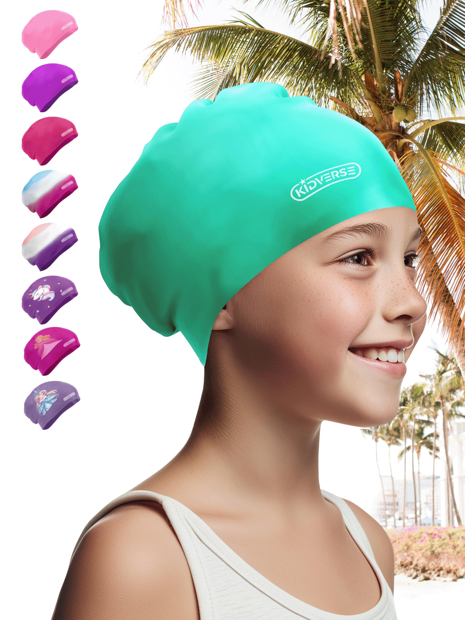 KIDVERSE Waterproof Kids Swimming Cap for Girls & Boys with long voluminous hair - Swim Hat with Anti-Slip Grips - Comfortable Silicone Swim Cap Girls & Boys - Swimming Hat Kids with UV Protection