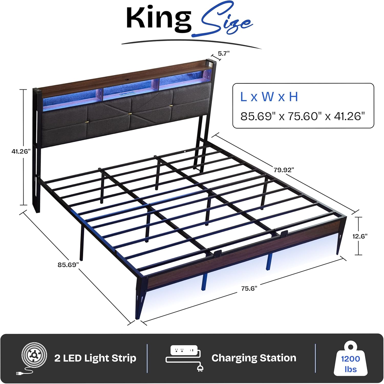 King bed frame with headboard, Upholstered Platform Bed Frame with Charging Station, Dual LED Light Strips, 2-Tier Storage Shelves, Heavy Duty Metal bed frame, Noise-Free, No Box Spring Needed, Black