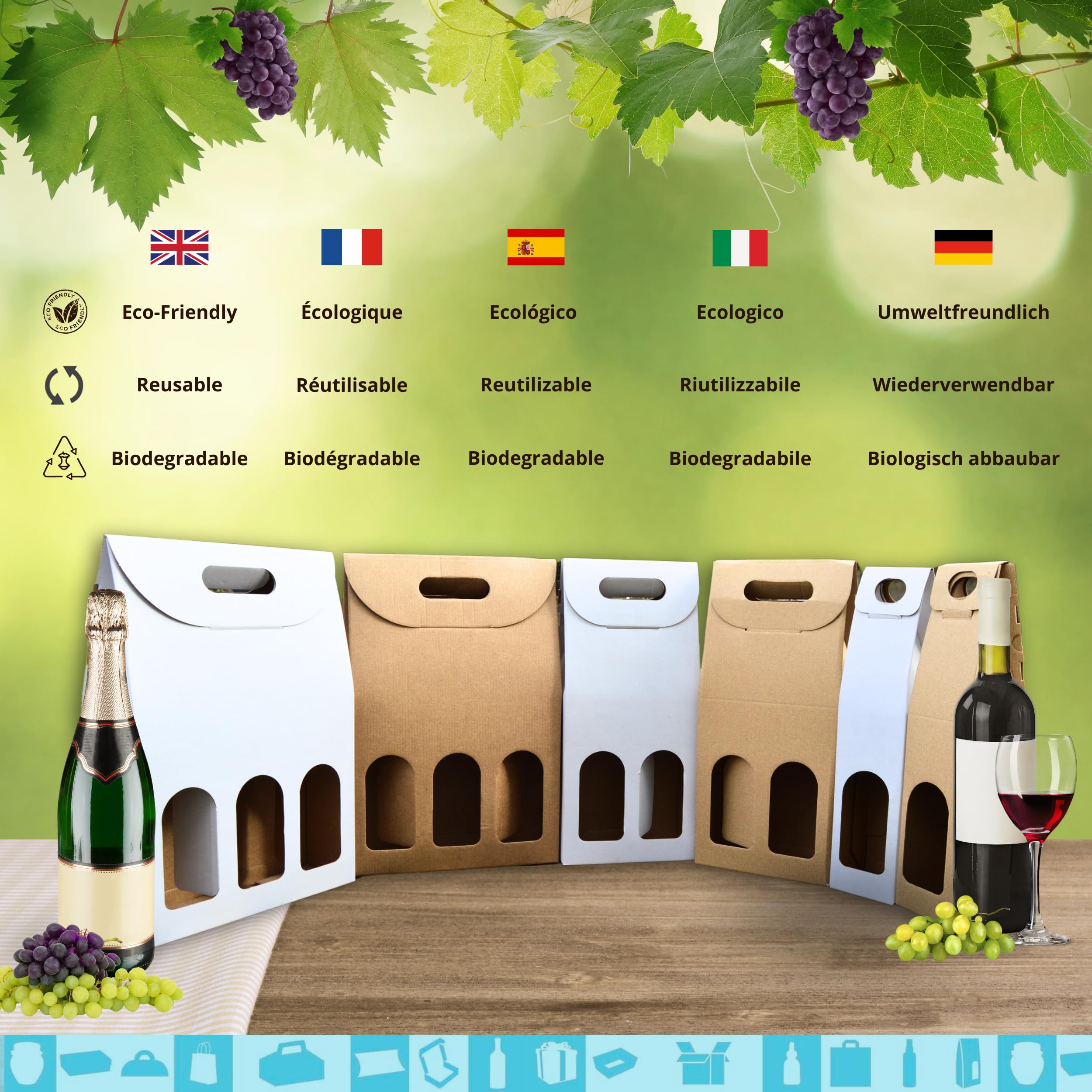 50 cajas de cartón Kraft vacías para 3 botellas de vino 27x9x40 cm | Embalaje para botellas de vino para regalos: Navidad, Pascua, cumpleaños, boda | Bodegas de vino
