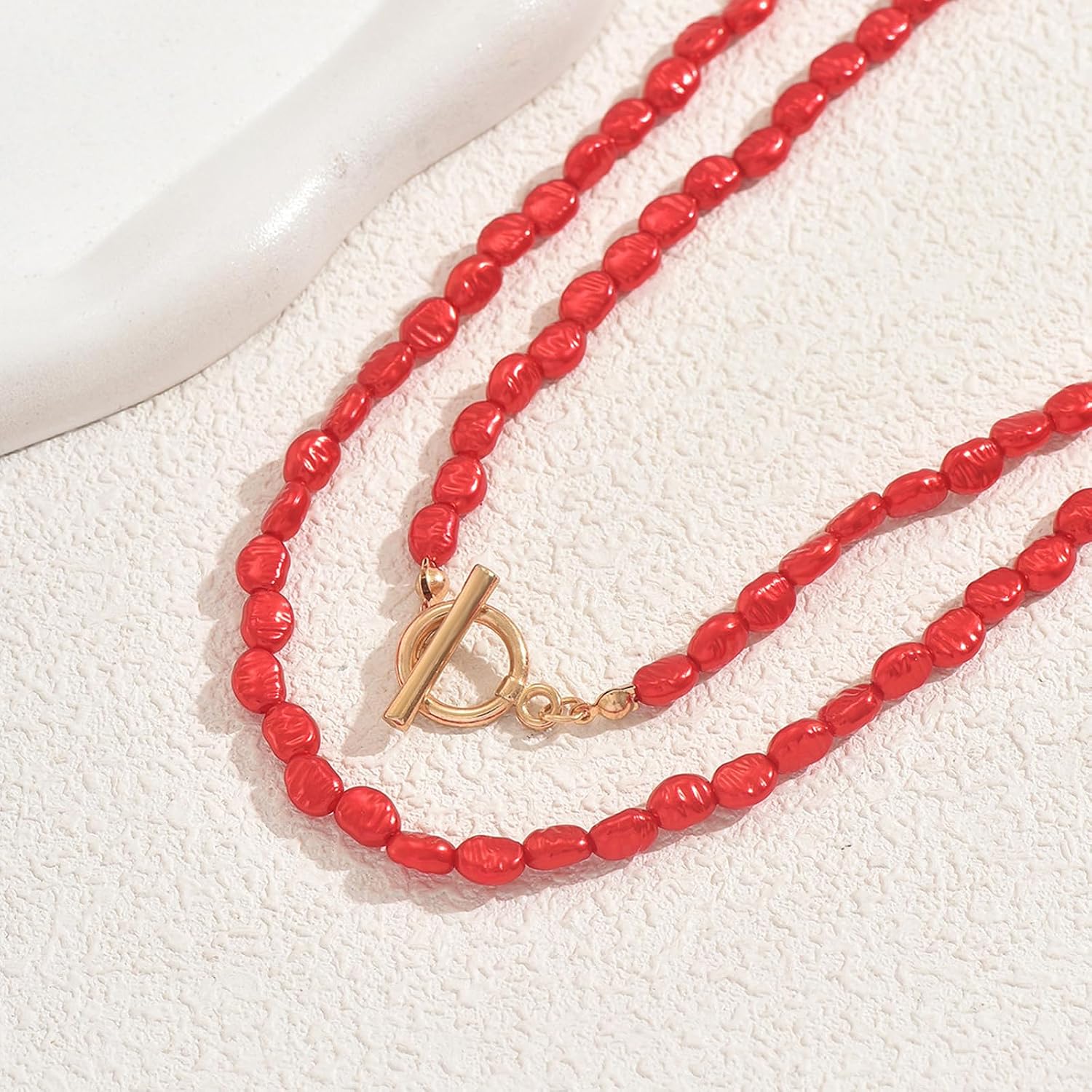 Double Layer Red Beaded Necklace Boho OT Toggle Clasp Layered Statement Necklaces for Women Adjustable Holiday Jewelry Gift