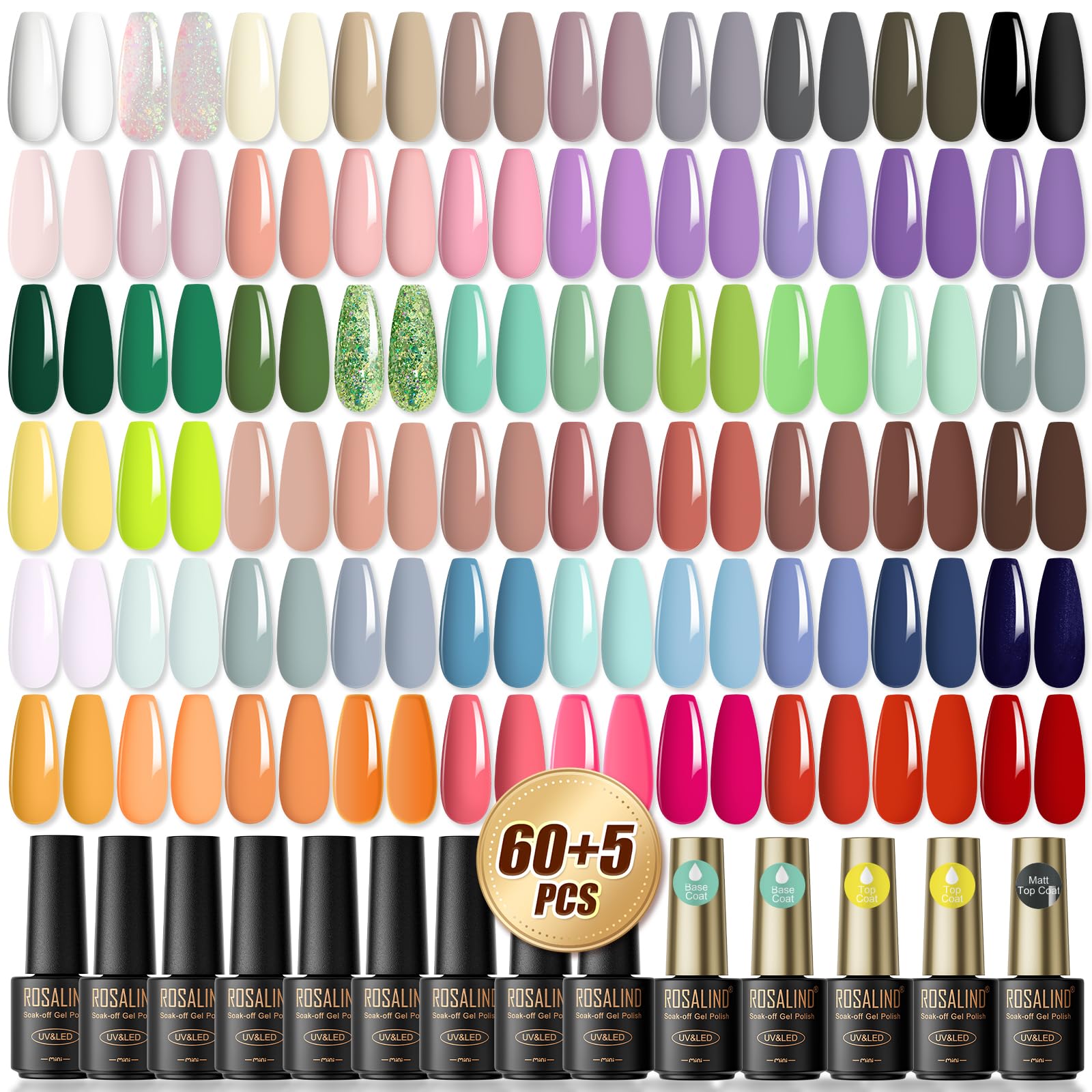 ROSALIND 65 Pcs Esmalte Semipermanente, 60 Colors Mini Blanco Plata Gris Morado Verde Naranja Glitter，Esmalte de Uñas Semipermanentes Principiantes Art DIY
