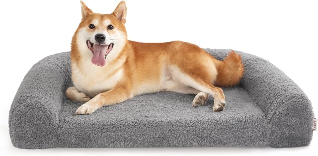 Lesure Orthopedic Dog Sofa Beds Large - Memory Foam Dog Bed with Removable Plush Fabric Cover, Calming Pet Pillow Washable for Humans with U-Shape Bolster, Grey, 89x63x16.5cm