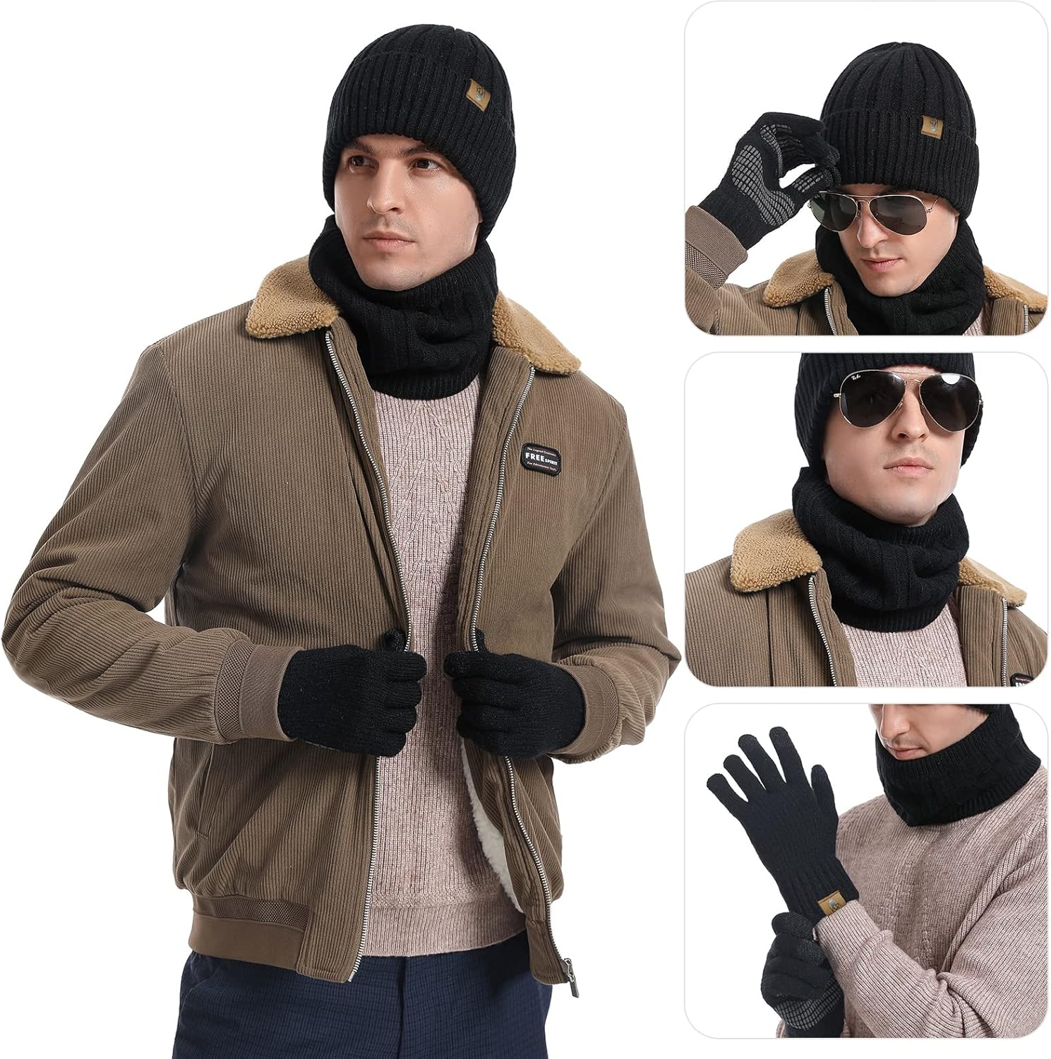 Winter Beanie Hats for Men Touchscreen Gloves Neck Warmer Scarf Set with Skull Caps for Men 3pcs/Set - Image 5