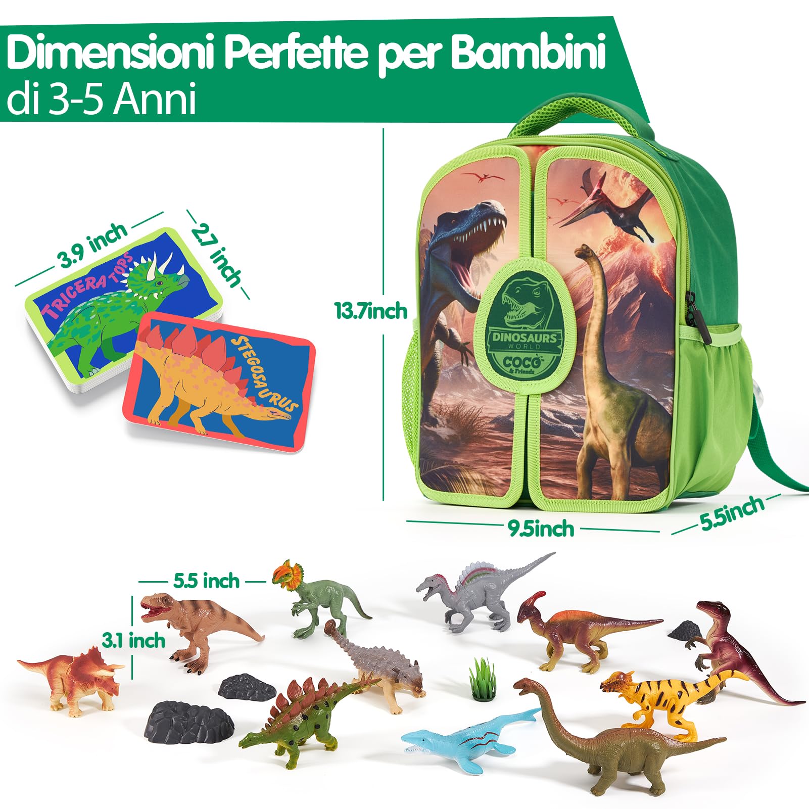 COCO&Friends Dinosauri Giocattolo per Bambini 3 - 7 Anni, Zaino Portatile con Tappetino da Gioco 3D Pieghevole, Regalo per Bambini Ragazzi Ragazze