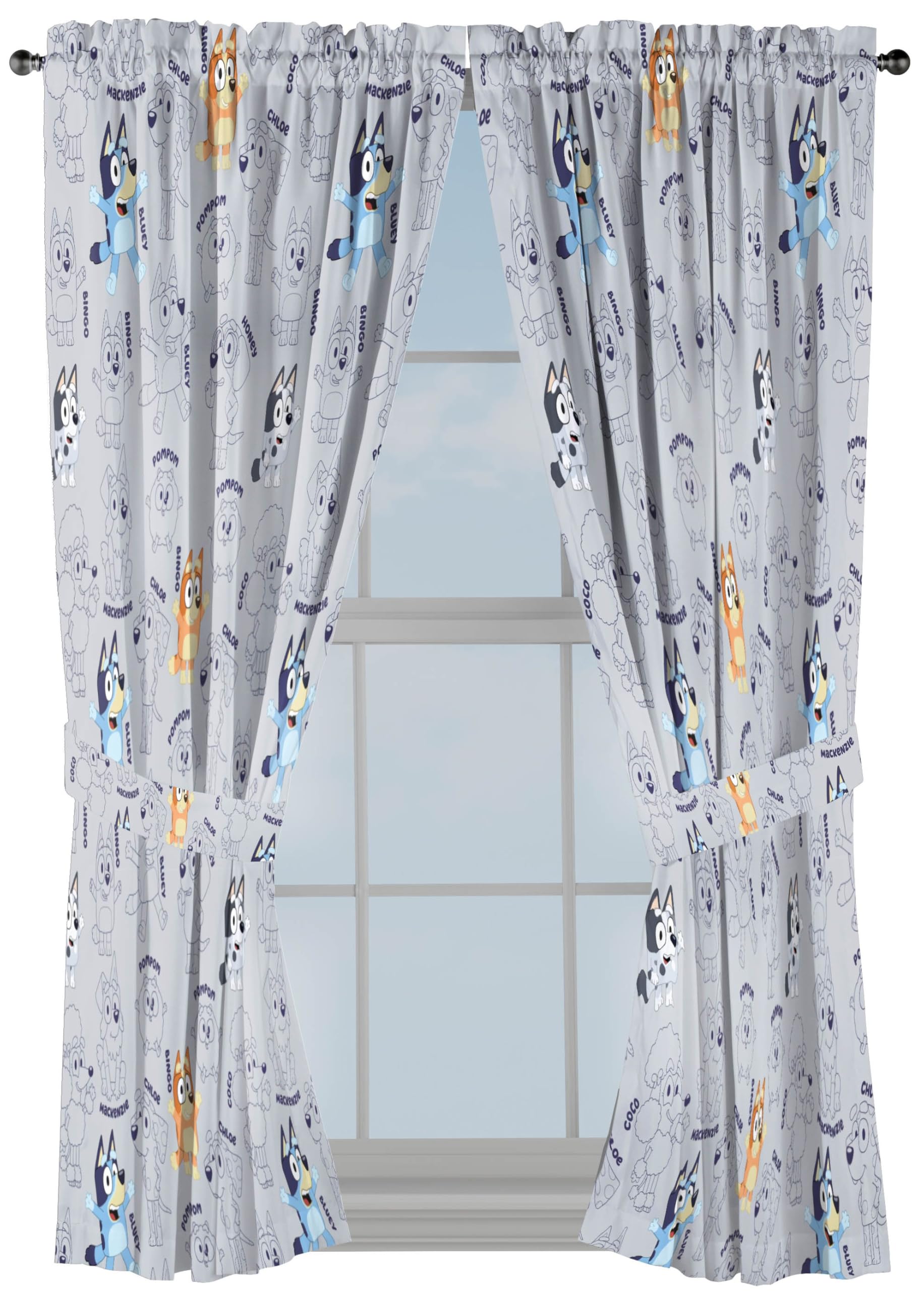 Jay Franco Window Curtains for Kids Bedroom 4-Piece Drape Set with 2 Tiebacks, Grey - Bluey, 42" W x 63" L (Pack of 2)