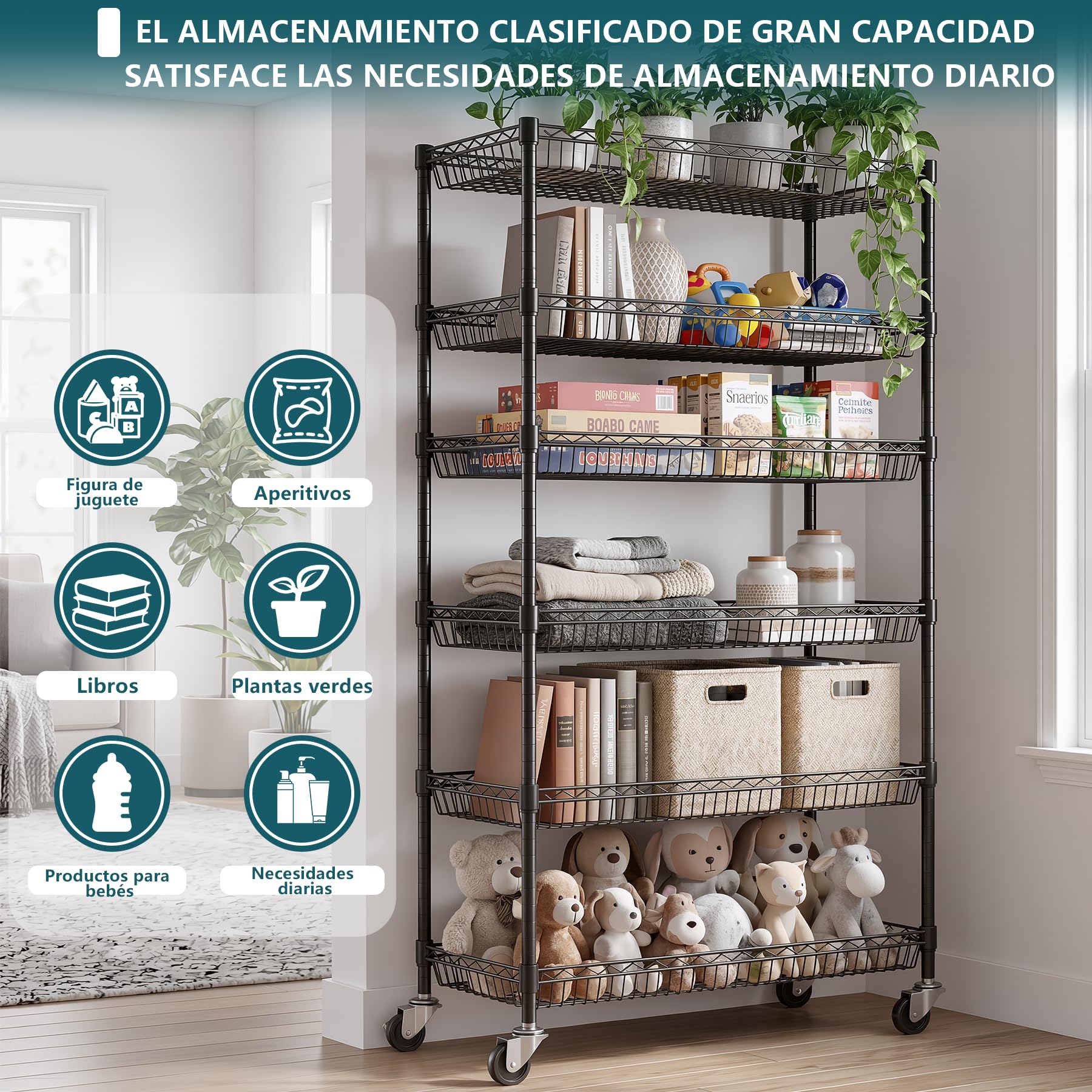 Himimi Estantería Metálica de 6 Niveles con Ruedas, Estante Ajustable en Altura Independiente, Organizador de Cestas de Alambre Metálico para Cocina, Baño, Dormitorio, Salón, 76×34×165 cm Negro