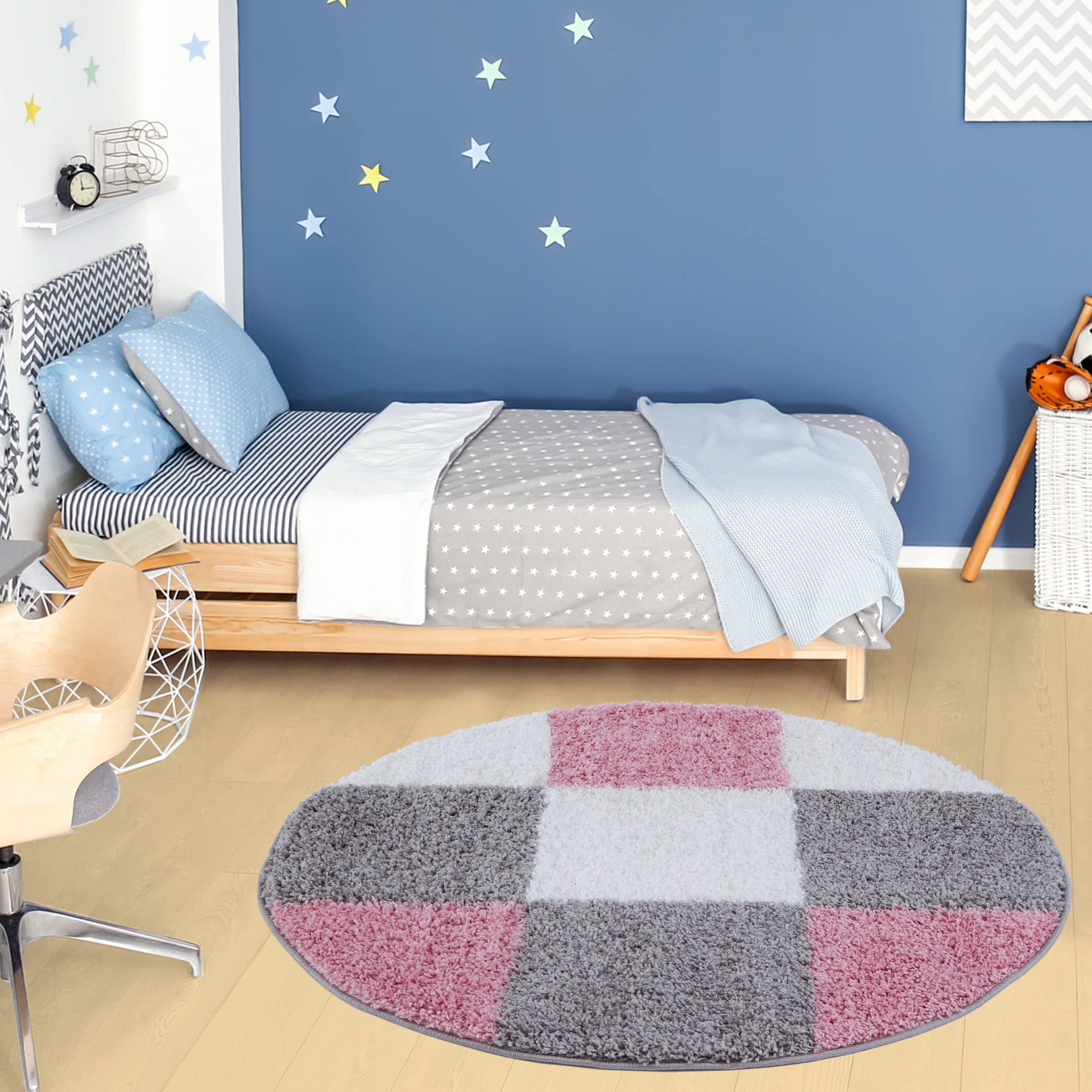 THE RUGS Area Rug – Modern Luxury Shaggy Rug, Multicolour Pattern Carpet, Ultra Soft for Bedroom, Living Room, Kids Room, (120 cm Round, Pink)
