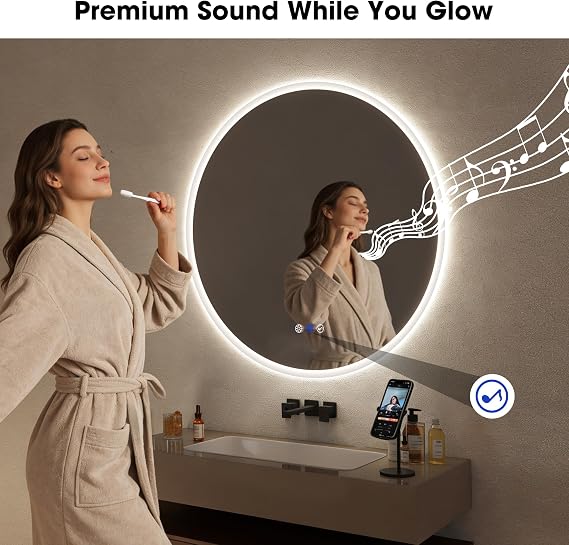 SBAGNO 24 Round Led Bathroom Mirror with Lights, Anti-Fog Wall-Mounted Vanity Mirror, 3000K/4000K/6500K, Dimmable Inside Bluetooth Speaker Smart Mirror