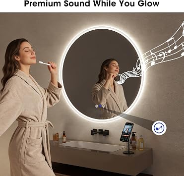 SBAGNO 24 Round Led Bathroom Mirror with Lights, Anti-Fog Wall-Mounted Vanity Mirror, 3000K/4000K/6500K, Dimmable Inside Bluetooth Speaker Smart Mirror
