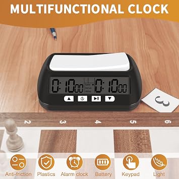 Digital Chess Clock, Game Timer, Multipurpose Tournament Clock with Bonus Function, Delay Countdown Function, Portable Electronic Timer for Chess, Black, 14 x 8.8 x 4.5cm