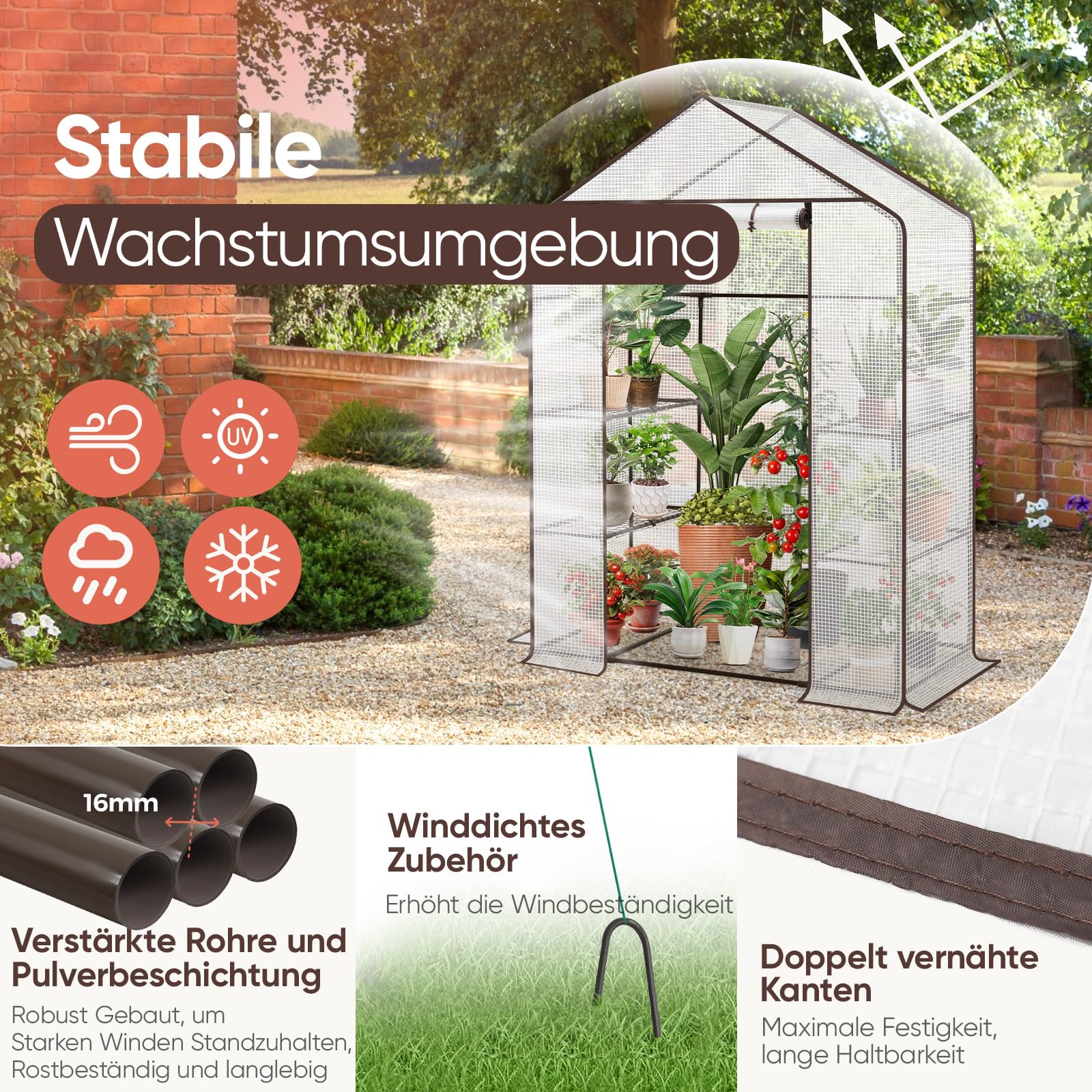 Sekey Gewächshaus 200x145x75 cm, Foliengewächshaus Stabil, Gewächshaus Balkon mit 4 Regalböden für optimales Pflanzenwachstum, Weiß, XL