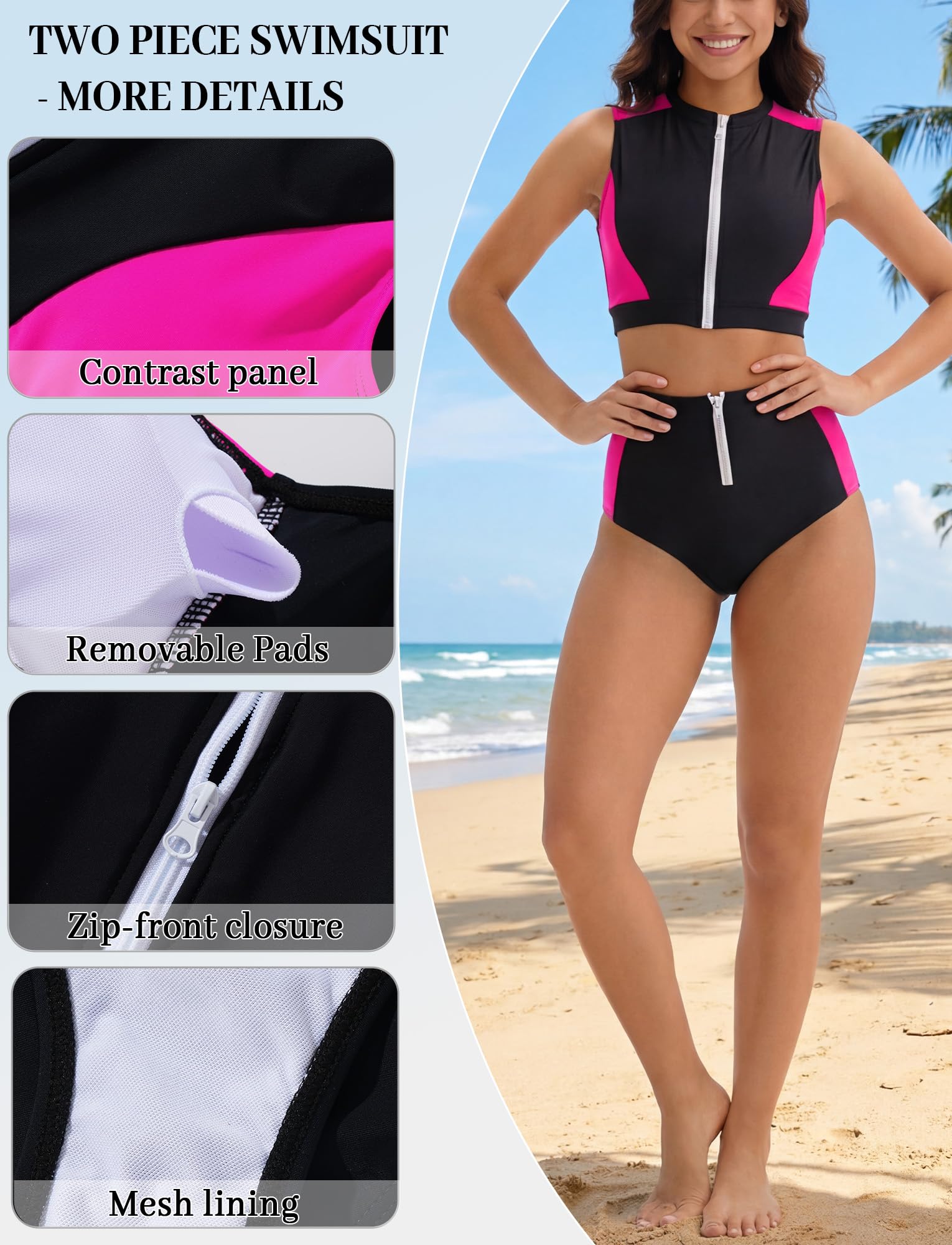 FEOYA Femme Maillots de Bain 2 Pièces Rashguard avec Fermeture Éclair Combinaison de Surf