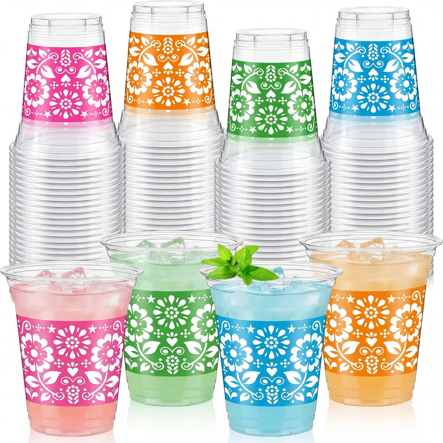 Tanlade 120 Pcs Hawaiian Luau Cups 14 oz Plastic Tropical Floral Cup Disposable Party Drinking Hawaii Hibiscus Beverage Drinkware for Summer Hawaiian Luau Tropical Pool Beach Birthday Party Supplies
