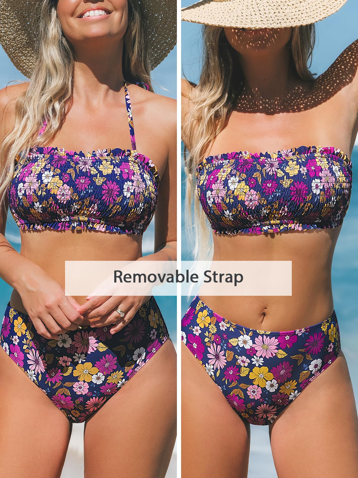 CUPSHE Conjunto de Bikini para Mujer, Traje de baño de Dos Piezas, Parte Superior de Bandeau con Lazo en la Espalda, Parte Inferior de Cintura Media con Correas de Hombro extraíbles