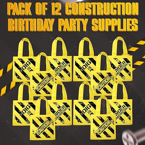 Miniatura 7 de Suministros de fiesta de cumpleaños de construcción, 12 decoraciones de fiesta en construcción, minibolsas de lona no tejidas con asas, bolsas de