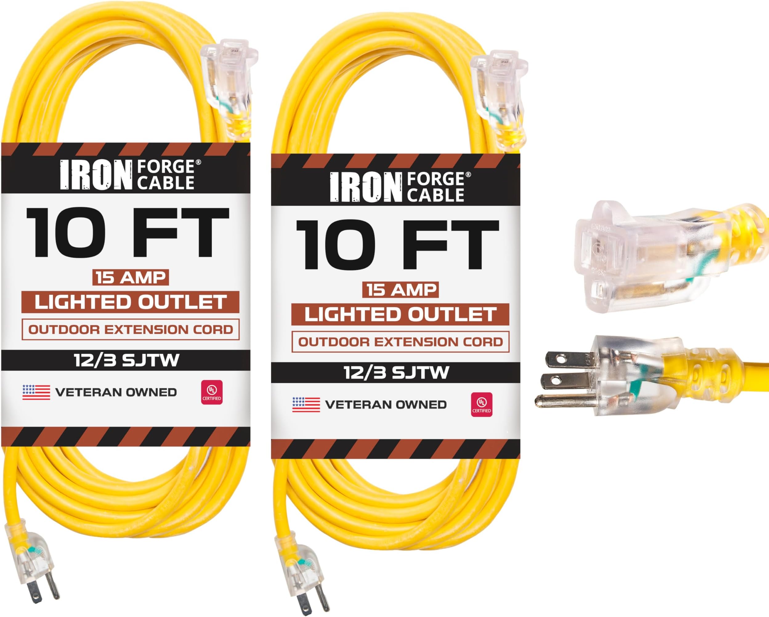 IRON CABLE 2 Pack of 10 Foot Outdoor Extension Cords 12/3 SJTW