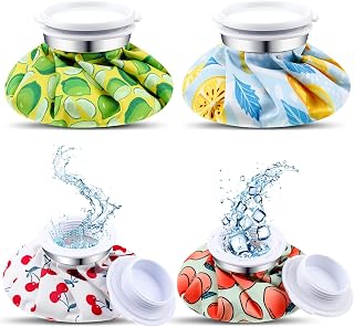 Honoson 4 Pack Reusable Ice Pack and Hot Water Bag for Adults, Cold and Hot Use for Injuries, Pain Relief, Wisdom Teeth, Breastfeeding, Tired Eyes, 5.5 Inches(Cartoon Fruit Style)