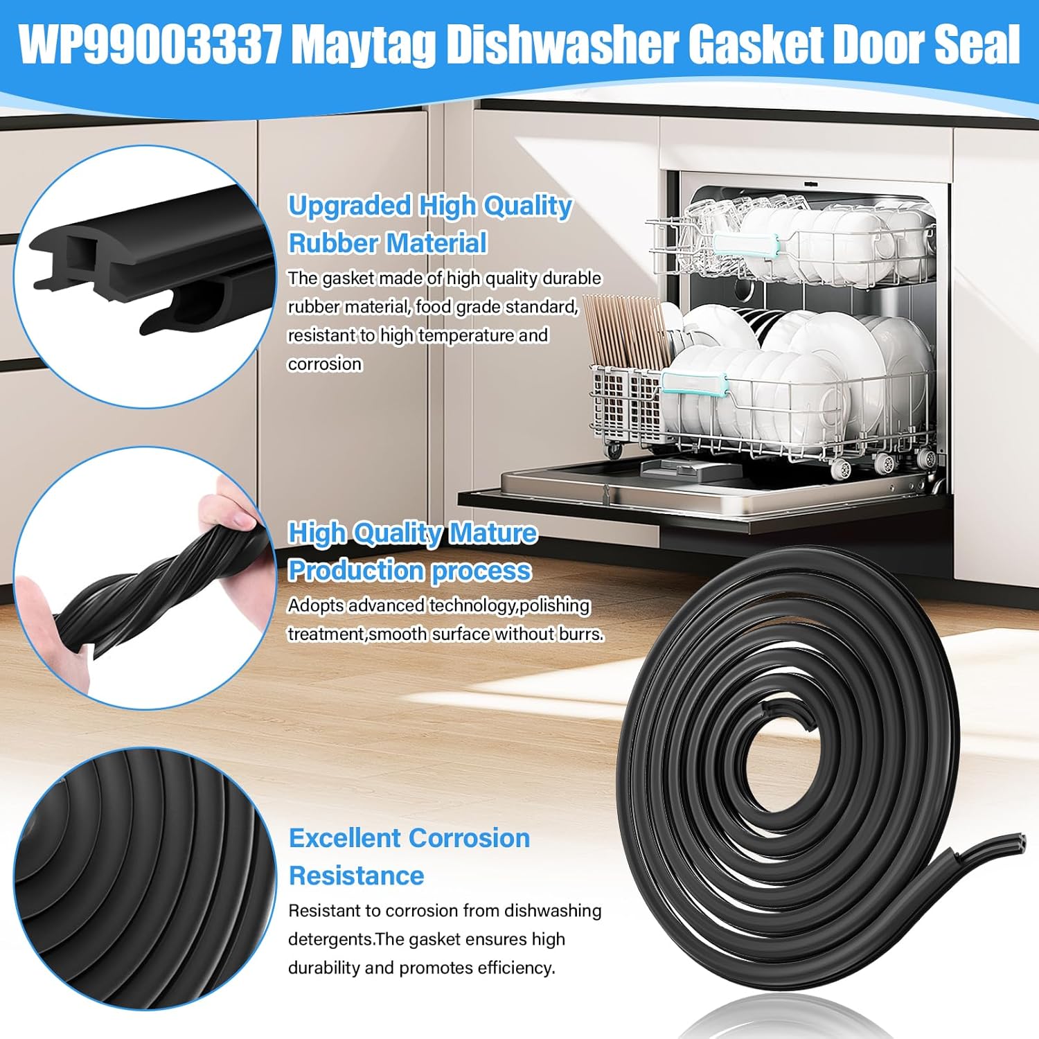 UPGRADED WP99003337 Dishwasher Gasket Door Seal Compatible with Whirlpool Maytag Jenn-Air Amana Dishwasher Part 99003337 99003030 1132005 AP6014531 MDB8551AWW Whirlpool Dishwasher Tub Gasket Door Seal