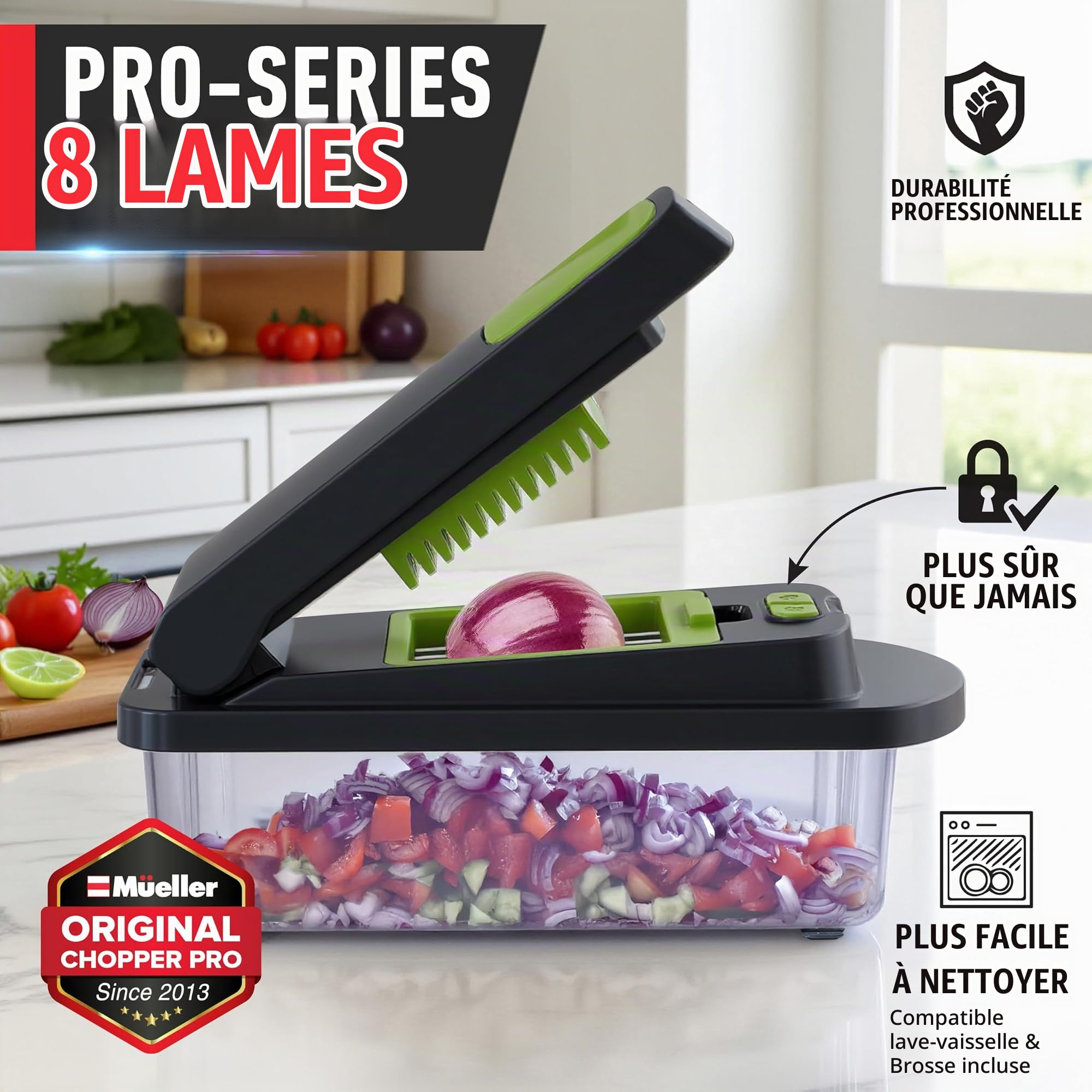 MUELLER HOME Pro-Series Hachoir à légumes 10 en 1 avec récipient 8 lames
