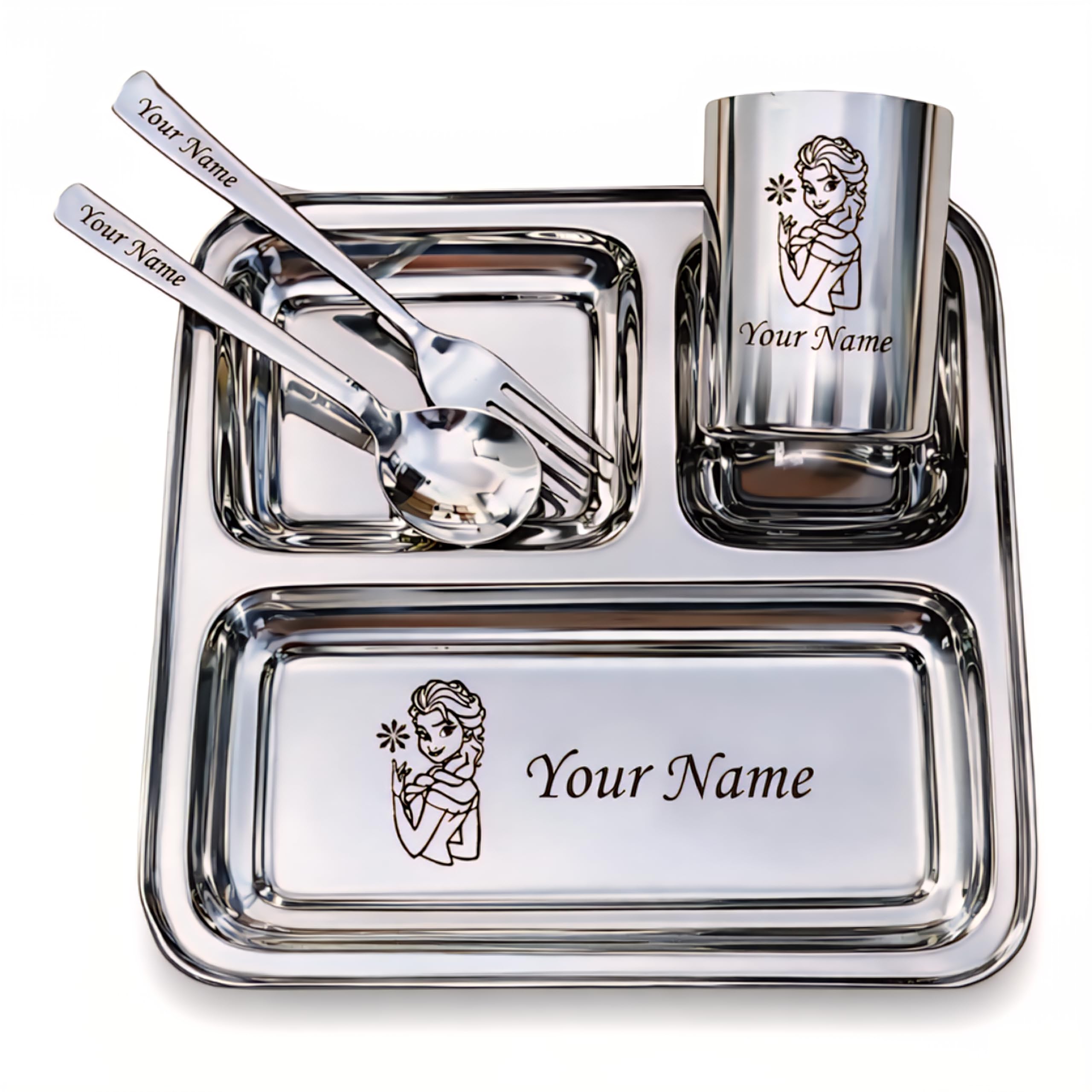 Savri Personalized Stainless Steel Mealtime Printed Dish - Customized Gift for Kids, Boy, Baby Girl - Name and Favorite Character Engraved - Ideal for Birthday, Return Gifting - 4 Pcs (1 Set)