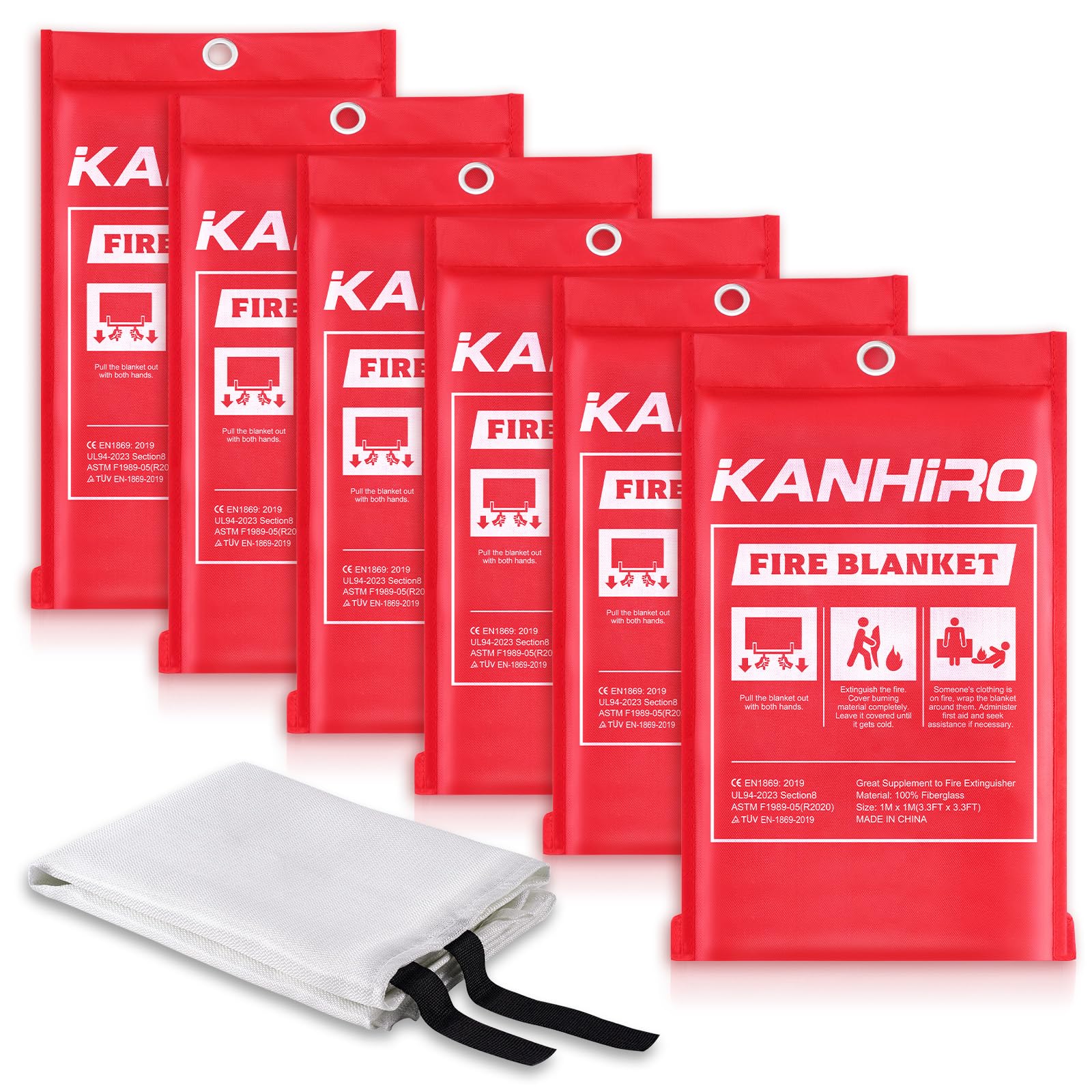 kanhiro Coperta antincendio di emergenza per casa, cucina, in fibra di vetro, ideale per scuola, camino, griglia, auto, ufficio, magazzino (confezione da 6, 99 x 99 cm)