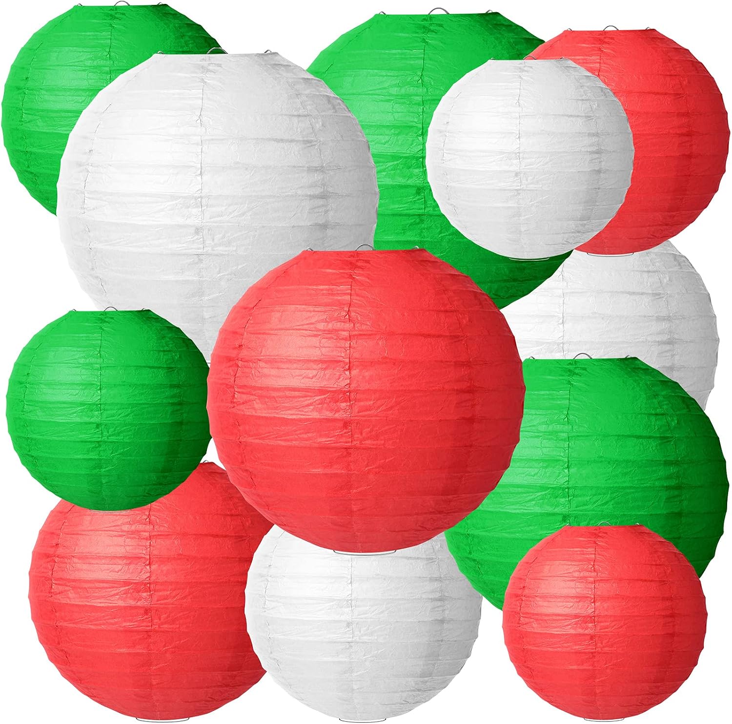 12 Pcs Colorful Paper Lanterns Round Paper Lanterns Decorative Ball Lanterns Lamps for Weddings, Birthdays, Parties and Events, 4 Sizes of 4, 6, 8, 10 Inch (Red, White, Green)