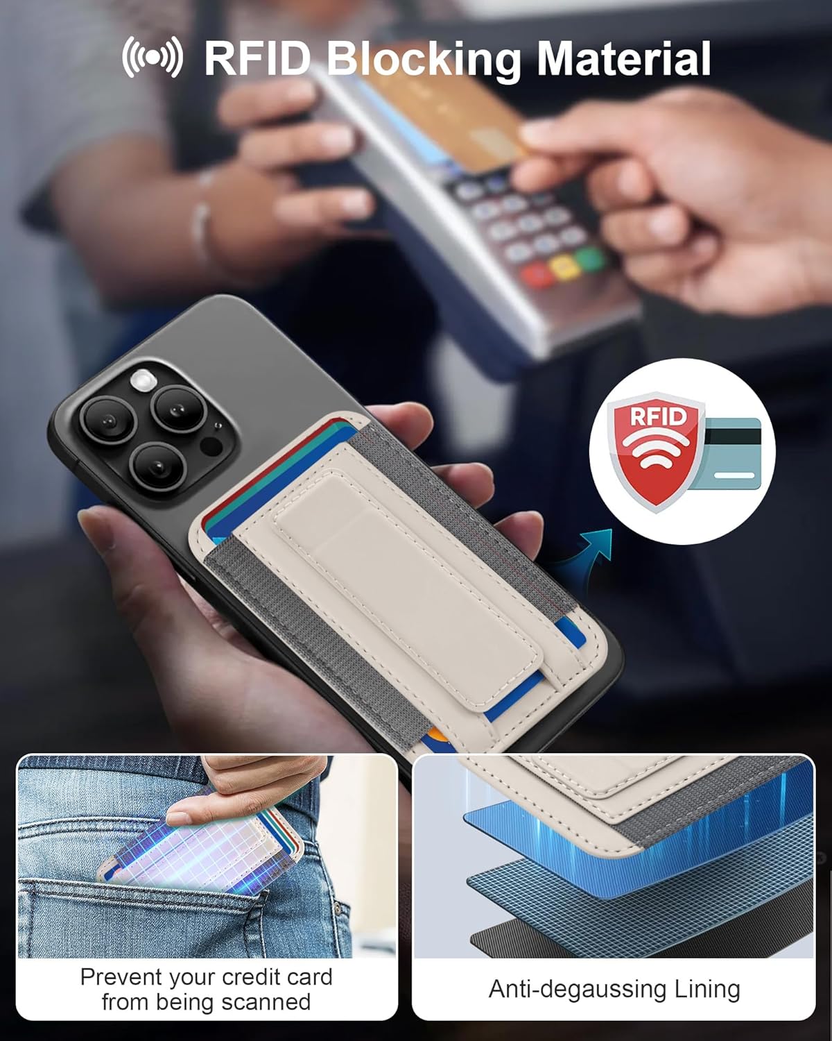 Phone Wallet for iPhone 16/15/14/13/12 Series, Ultra-Slim Magnetic Phone Wallet Stand with Self-Adhesive Iron Ring, Holds 1-8 Cards, Vegan Leather (Grayish White)