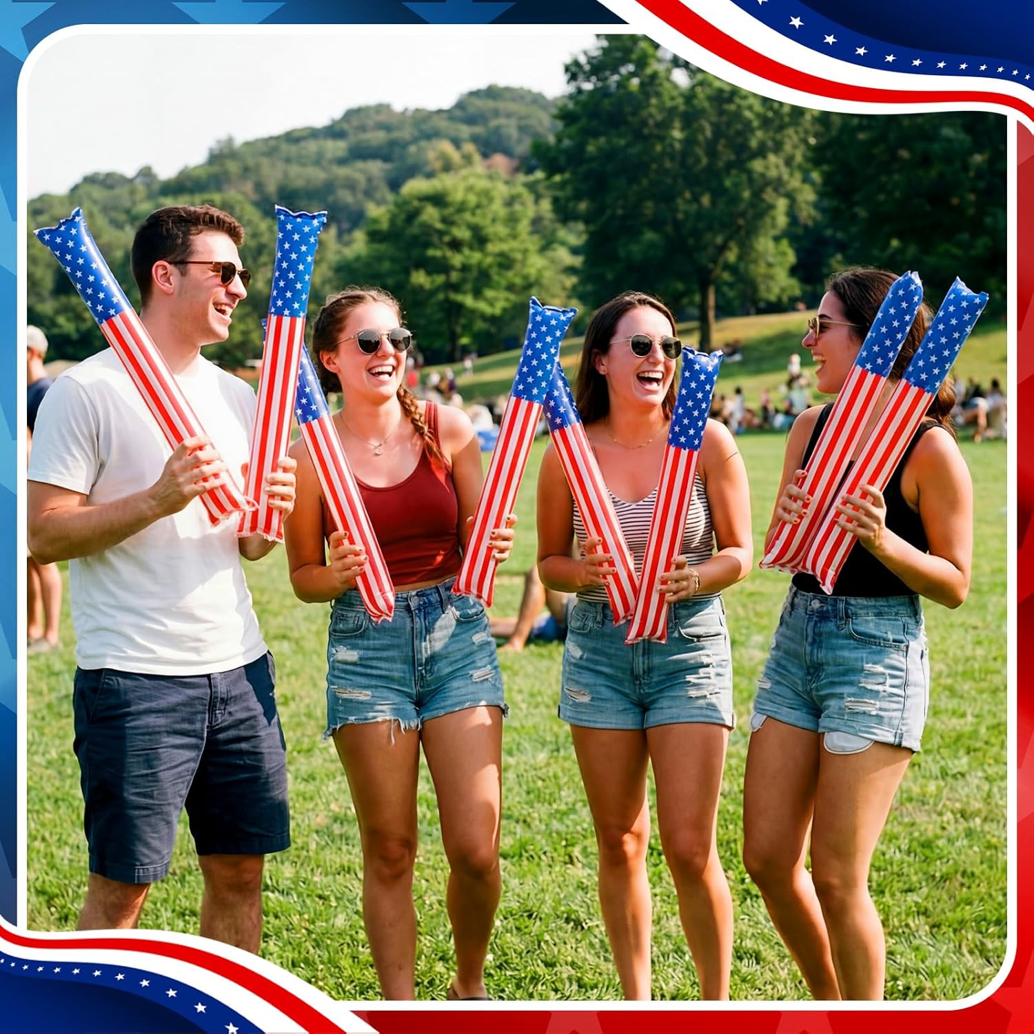 Foilswirl 100 Pcs Inflatable Cheer Sticks USA Flag Thunder Boom Sticks Patriotic Cheerleading Spirit Noise Makers for Soccer Games Sports Events 4th of July Parades Carnival Party Supplies
