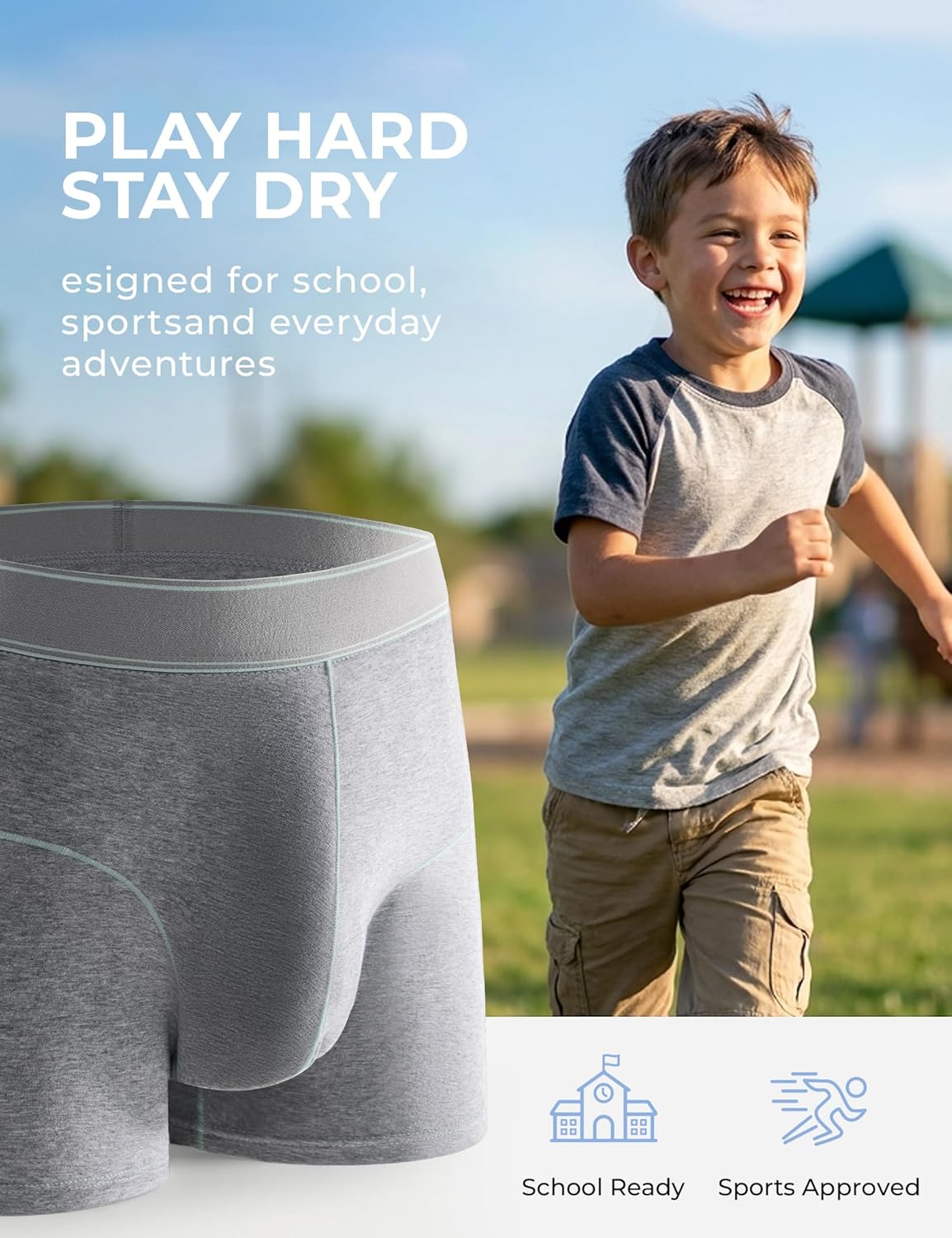 Carer 3 Pack Boys Incontinence Underwear, Washable Reusable Kids Cotton Incontinence Boxer Briefs with Front Absorbency Leakproof Pants for Teen Boys Age 4-12(L,1 Gray/2 Black)