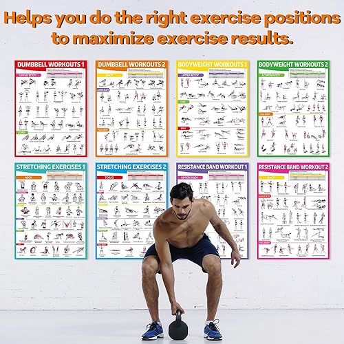 Miniatura 6 de gisgfim 12 pósteres de entrenamiento para mancuernas de gimnasio en casa, peso corporal, estiramiento, bandas de resistencia, yoga, tabla de